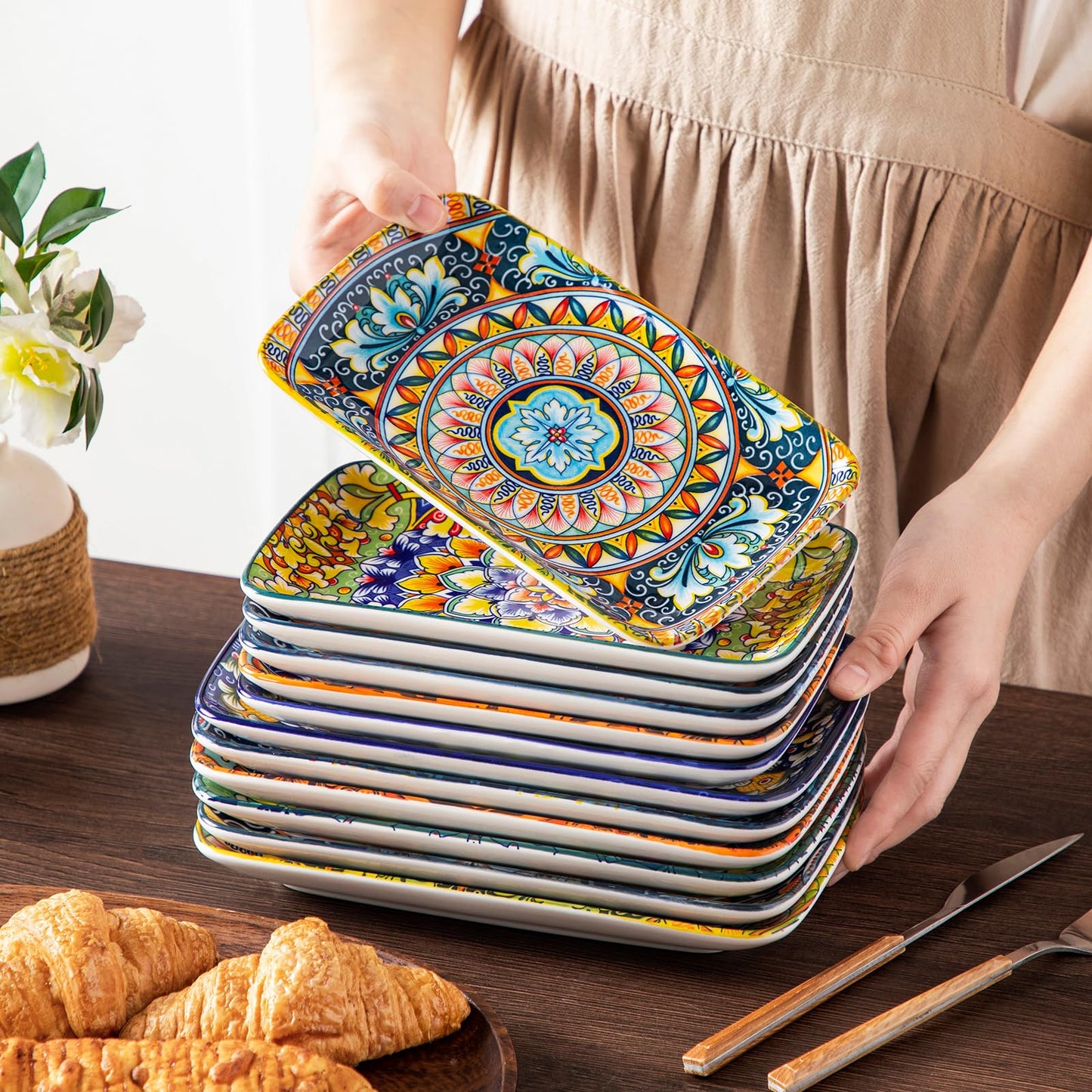 vancasso Simi 9.5 Inch Rectangular Dinner Plates Set of 6 - Bohemian Floral Design in 6 Vibrant Colors, Microwave & Dishwasher Safe Porcelain Plates for Salad, Appetizers, Entertaining