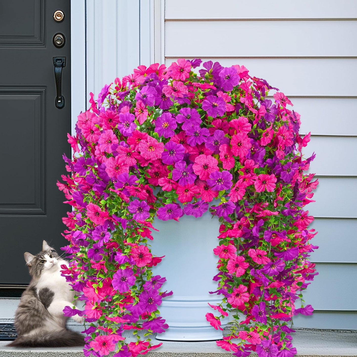 Dolicer 8 Pcs Look Real Artificial Flowers for Outdoors, Realistic Fake Artificial Hanging Flowers for Outdoors UV Resistant Silk Faux Hanging Plants Flowers for Porch Patio Garden (Purple+Fuchsia)