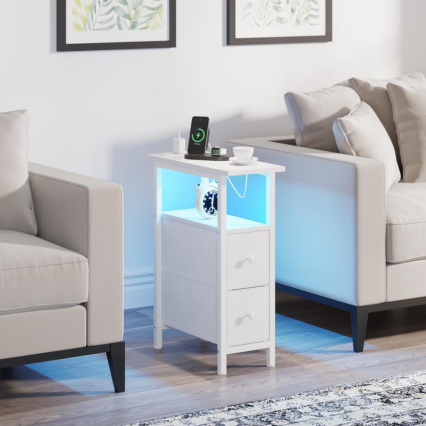 TRIFEBLE End Table with Charging Station, Narrow Side Table with 2 Fabric Drawers, Skinny Nightstand with LED Light, Slim Bedside Table for Bedroom, Living Room, Small Spaces, White