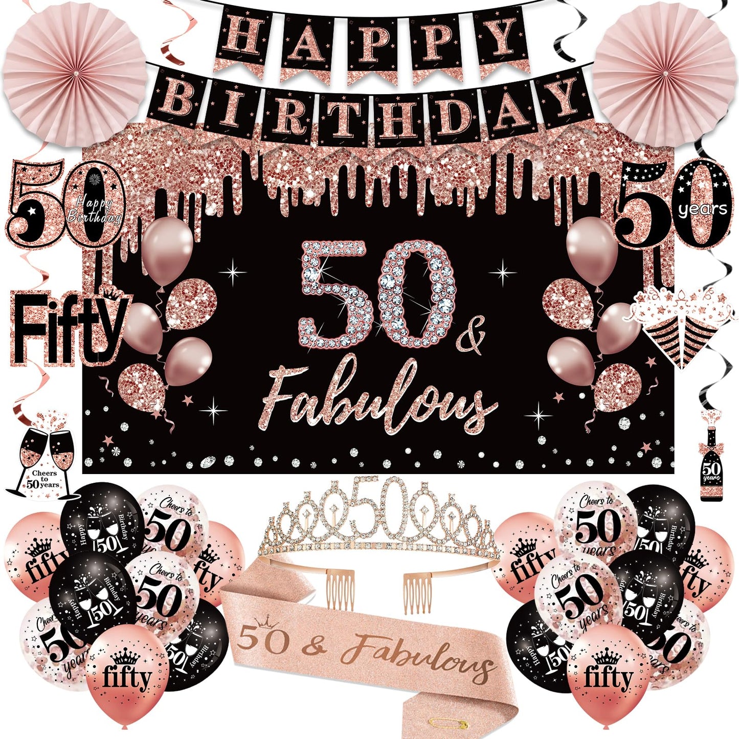 50th Birthday Decorations for Women, 33pcs 50th Birthday Crown and Sash, Black Rose Gold Happy 50th Birthday Banner Balloons Backdrop Hanging Swirls Paper Fans, 50 Years Old Birthday Decorations Kit