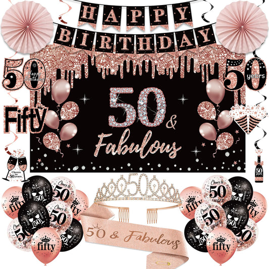 50th Birthday Decorations for Women, 33pcs 50th Birthday Crown and Sash, Black Rose Gold Happy 50th Birthday Banner Balloons Backdrop Hanging Swirls Paper Fans, 50 Years Old Birthday Decorations Kit