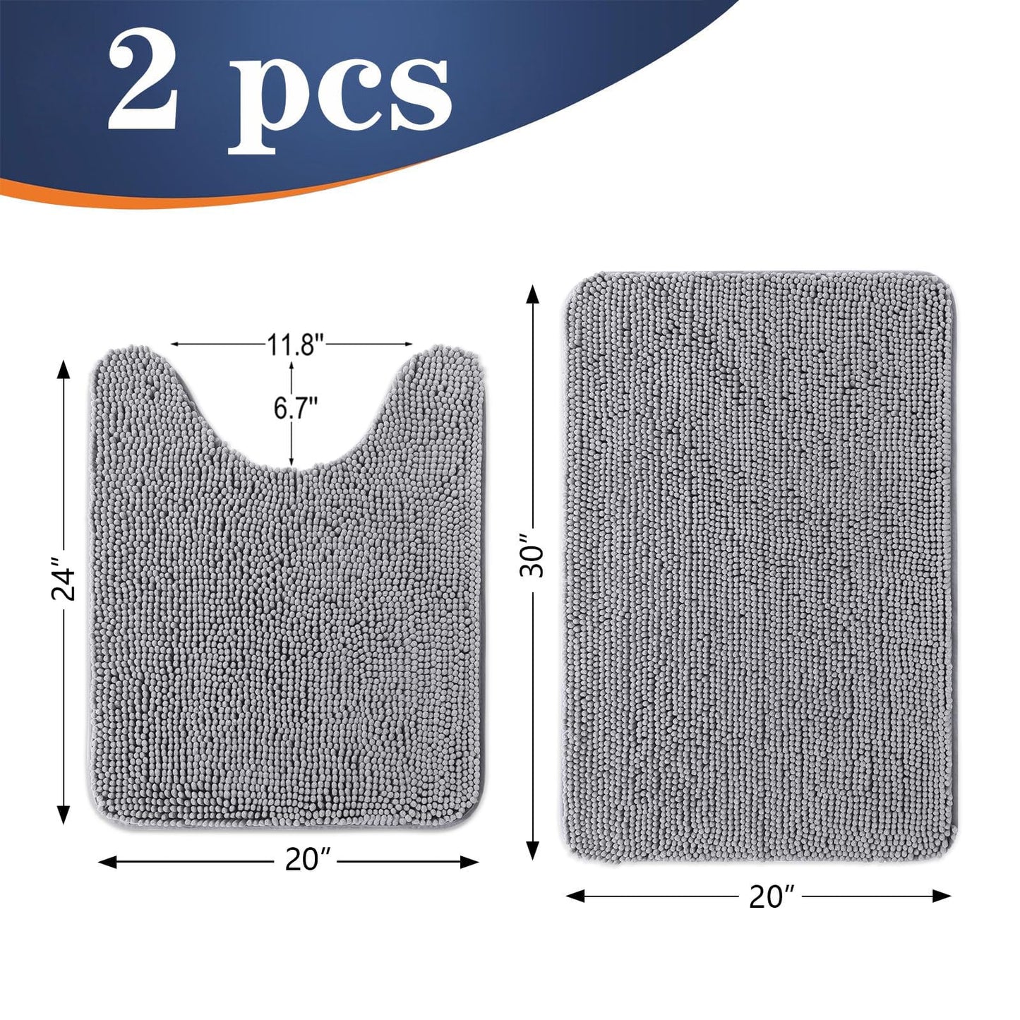 OLANLY Bathroom Rugs Sets 2 Piece, Soft Absorbent Chenille Bath Mats and U-Shaped Contour Toilet Mat Area Rug Set, Machine Washable Bath Carpet, Home Decor Accessories (30"x20"+24"x20", Grey)