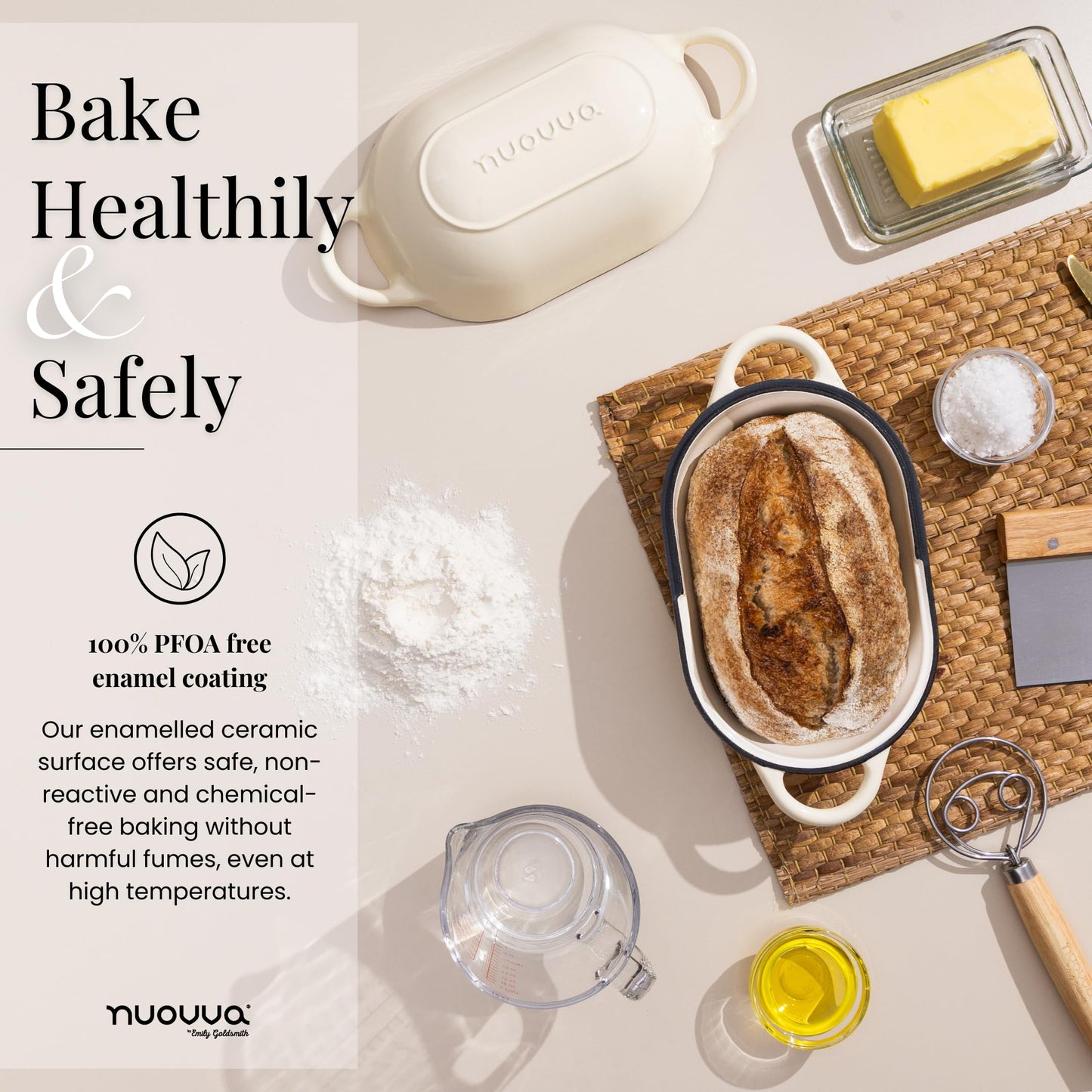 Dutch Oven For Sourdough Bread Baking – Enamelled Cast Iron Bread Loaf Pot – Oven Safe Non Stick Bread Pot – Rectangular, Cream, 24cm x 16cm – by Nuovva