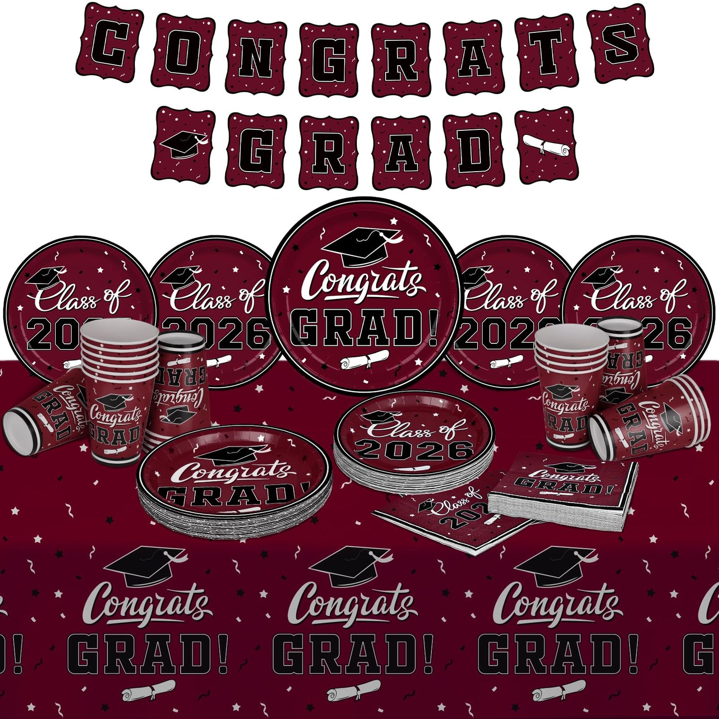 Graduation decorations 2026 Maroon Congrats Grad Party Dinnerware Set Disposable Paper Plates Napkins Cups Tablecloth Banner for Congrats Graduation Decorations 2026 deals, Serve 25