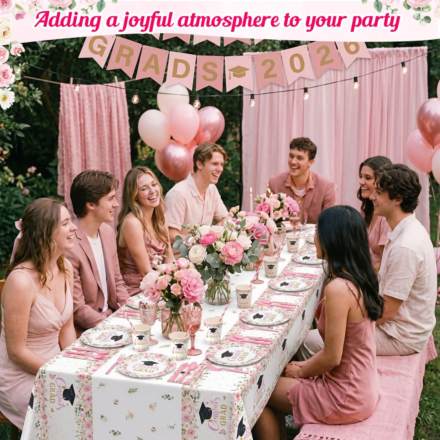 Funnymoom 452 Pcs Pink Floral Graduation Decoration Girl for 50 Guests, Class of 2026 Floral Graduation Paper Plates Napkins Cups Tablecloth Cutlery Straws for 2026 Congrats Grad Party Supplies