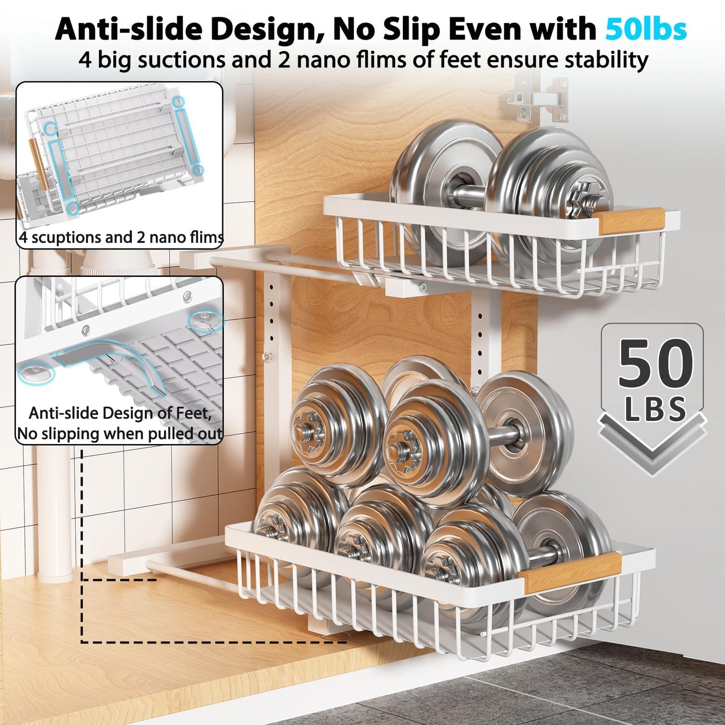 Liuoud Under Sink Organizer 2 Pack, 2 Tier Slide Out Large Capacity Height Adjustable Under Sink Organizers and Storage for Kitchen Bathroom Cabinet, White