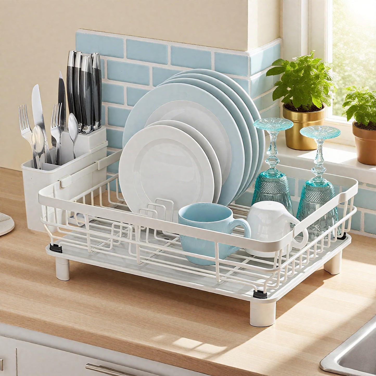 MOUKABAL Dish Drying Rack, Dish Rack, Stainless Steel Dish Racks for Kitchen Counter, Dish Drainer with Removable Utensil Holder, Drainboard (White,13''W x 17''L)