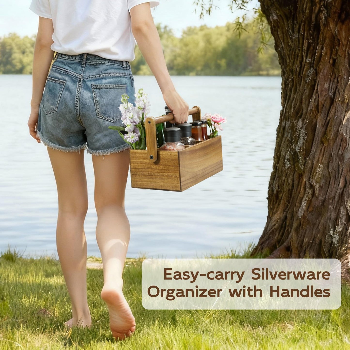 BWODYAY Acacia Paper Plate Dispenser, Paper Plate Holders with Handle, Picnic Silverware Caddy for Party, Cutlery Holder for Countertop, Wood Utensil Organizer for Home Kitchen & RV
