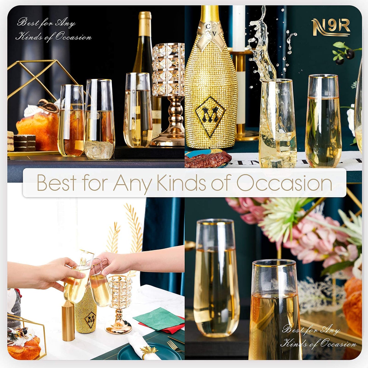 N9R 36PCS Plastic Champagne Flutes, 9 Oz Stemless Disposable Gold Rim Toasting Glasses, Crystal Clear Cocktail Cups Drinkware Shatterproof Ideal for Party Wedding Birthday