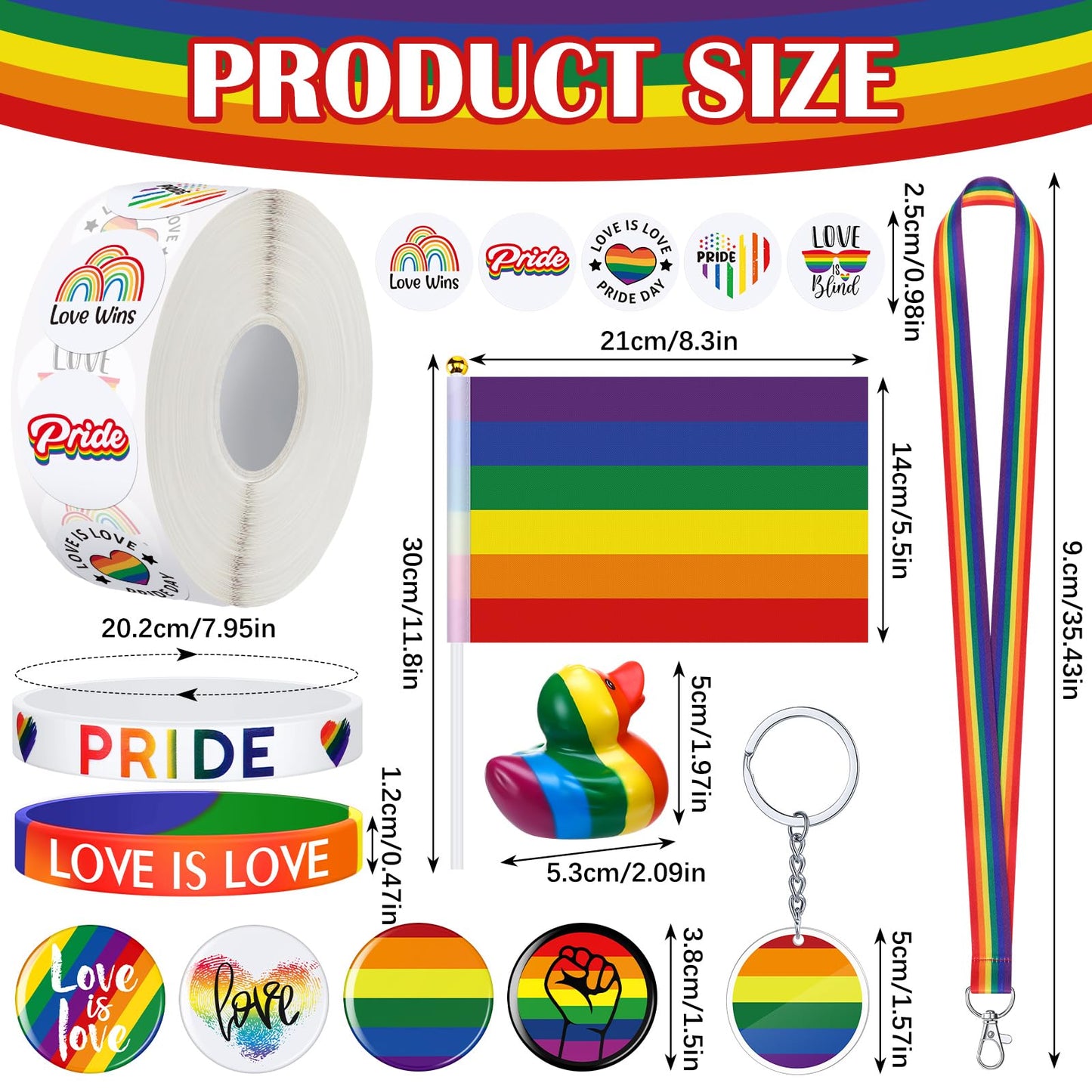 RoundFunny 1120 Pcs Rainbow Gay Pride Items Set Include Rainbow Rubber Ducks Flags Stickers Buttons Silicone Bracelets Lanyards Safety Buckles Keychains for Pride Day Month Party Accessories Supplies