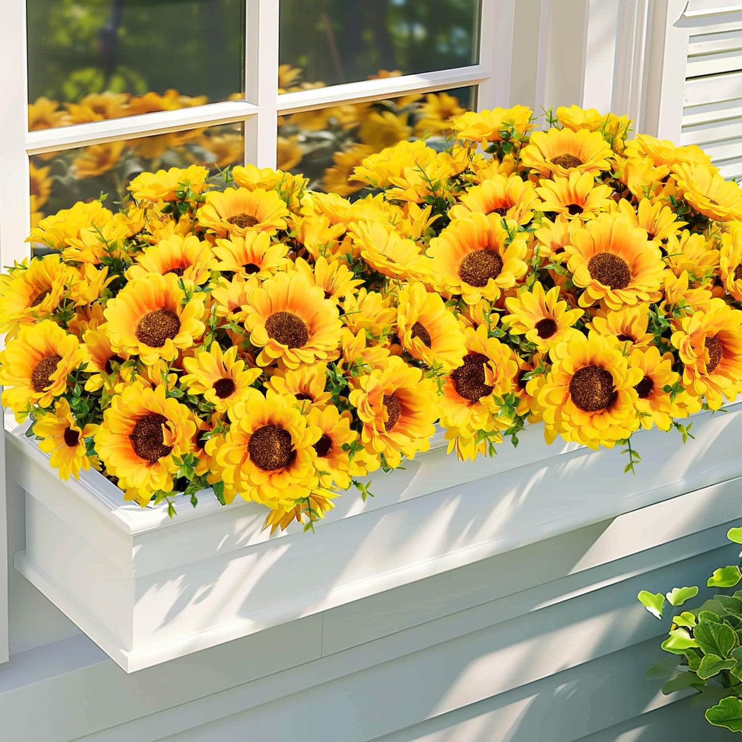 FOUSUKA Artificial Sunflowers for Outdoors, 10 Bundles Fake Silk Sunflowers with Eucalyptus Leaves UV Resistant for Home Outside Front Door Porch Planters Garden Balcony Yard Patio Wedding Party Decor