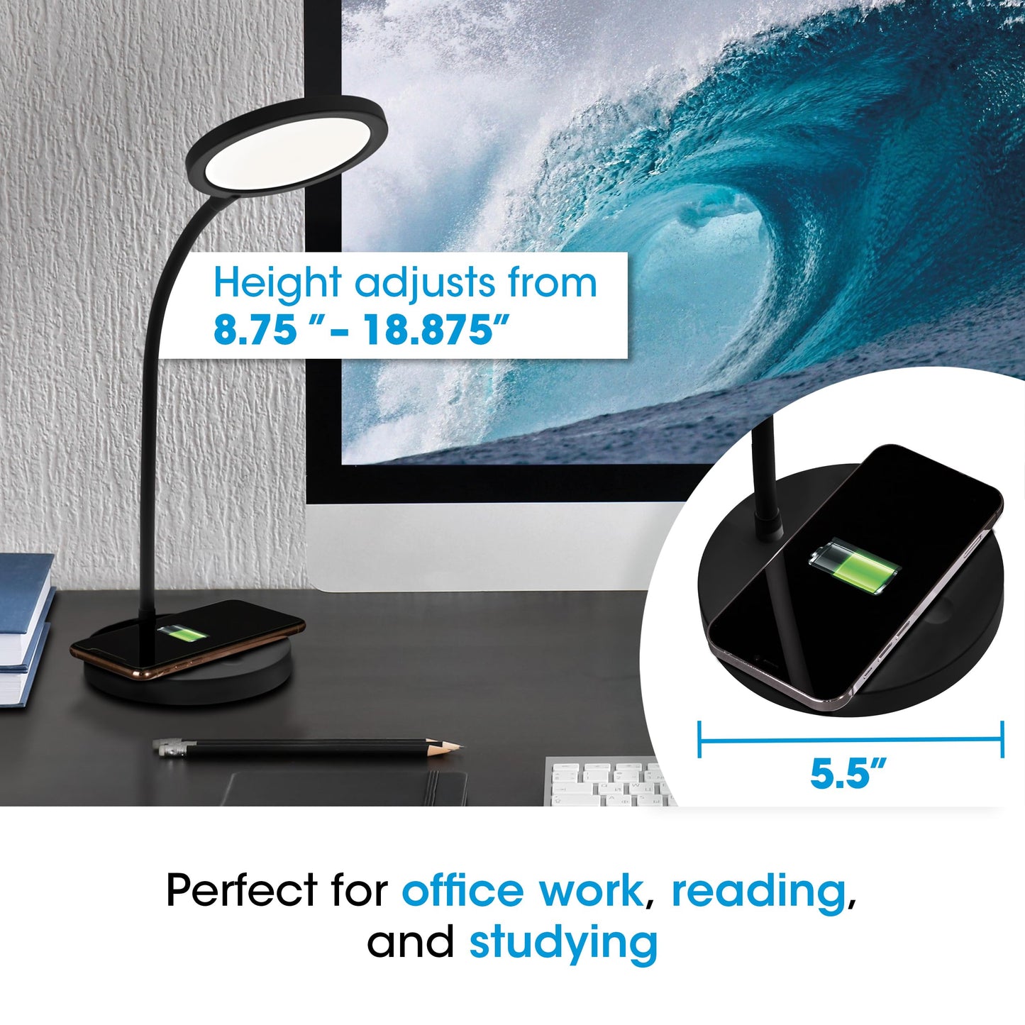 OttLite Good Housekeeping Circular LED Desk Lamp with Wireless Charging - Designed to Reduce Eyestrain - Adjustable Neck, 3 Color Modes - Crafting, Office Work, Reading & Studying