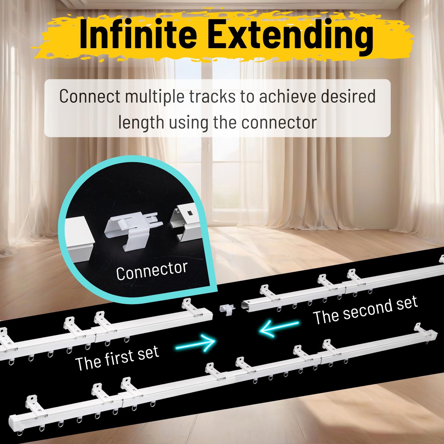 OooWow 2.3 to 4 ft Aluminum Retractable Ceiling Curtain Track - Curtain Track Wall Mount - Ceiling Mount Curtain Rail - Extentable curtain tracks - Silent Track Curtains ceiling Mount (70cm)
