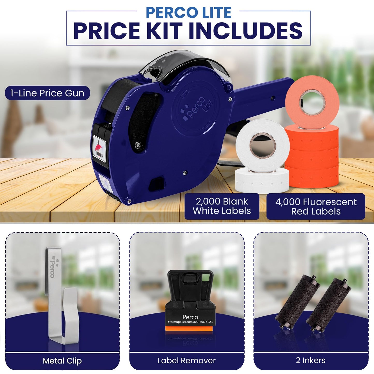 Perco Lite 1 Line Price Gun Kit for Retail Business – Includes 2 White Rolls, 4 Fluorescent Red Rolls, Gun Clip & Ink Rollers – Pre-Loaded Pricing Gun w Labels & Ink