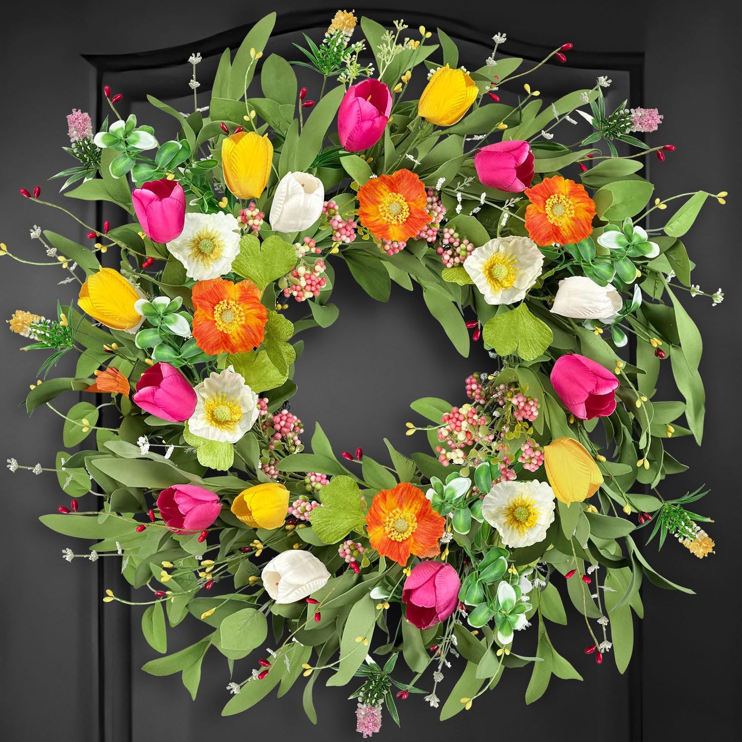 ICX 22" Spring Summe Wreaths for Front Door, Artificial Tulip Wreath with Orchids Green Foliage, All Season Farmhouse Window Wall Wedding Decor, Housewarming Gift