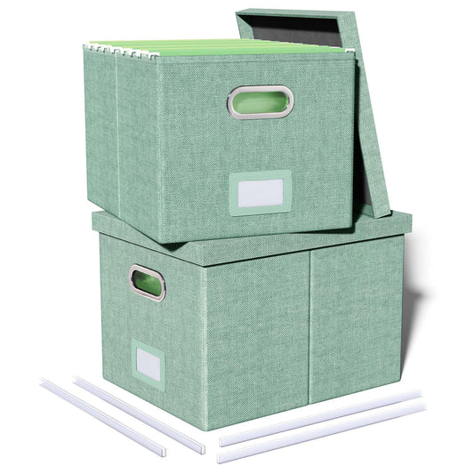 2 Pack File Storage Organizer, Filing Box, Portable File Box with Lid, Fit for Letter/Legal File Folder Storage, Document Organizer, Green