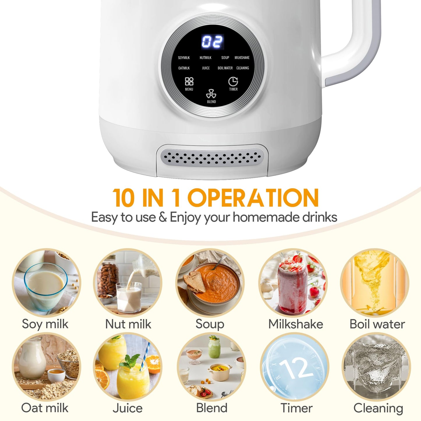 40oz Nut Milk Maker Machine, 10 in 1 Automatic Soy Milk Maker for Homemade Almond, Oat, Soy, Plant-Based Soybean Machine with Delay Start, Keep Warm, Boil Water, Self Cleaning, Quiet Blender, White
