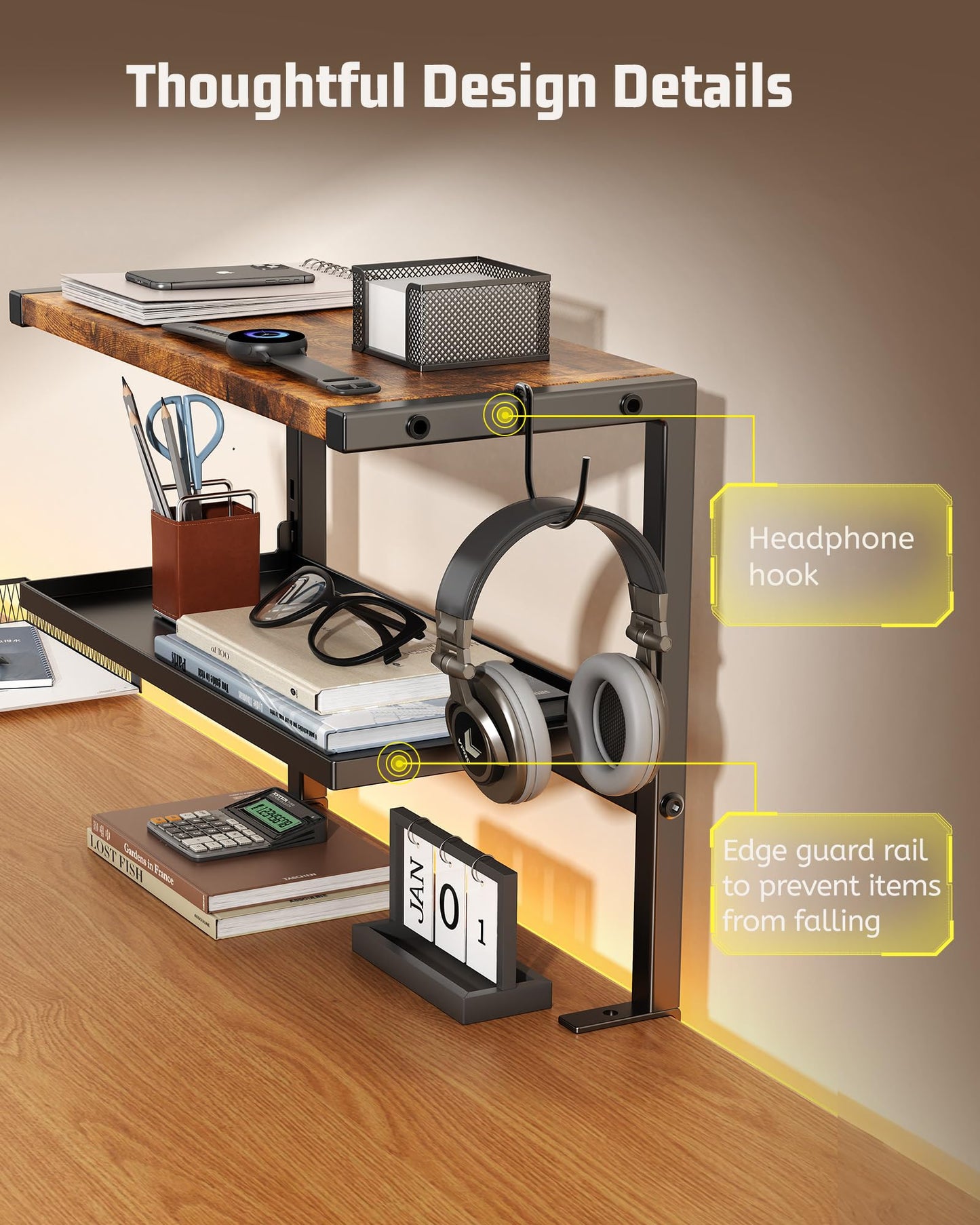 2-Tier Clamp on Desk Shelf, 17" Adjustable Above or Under Desk Shelves Organizer, No Drilling Desktop Storage Shelf with Headphone Holder, Desktop Storage Rack or Office and Gaming Accessories (Brown)