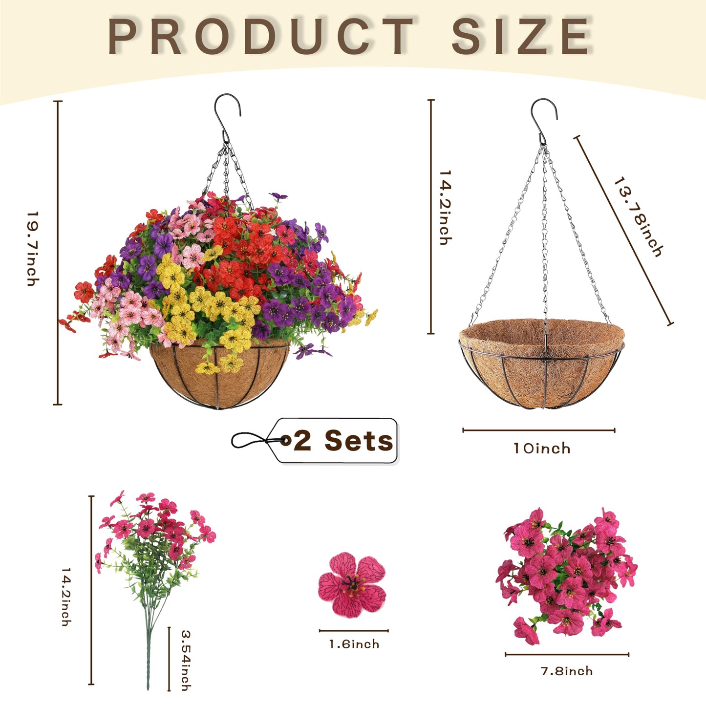 Senjie 2 Set Artificial Hanging Flowers with Basket for Outdoor Decor, UV Resistant 24 Bundles Faux Flowers Fake Hanging Planter for Porch Patio Balcony