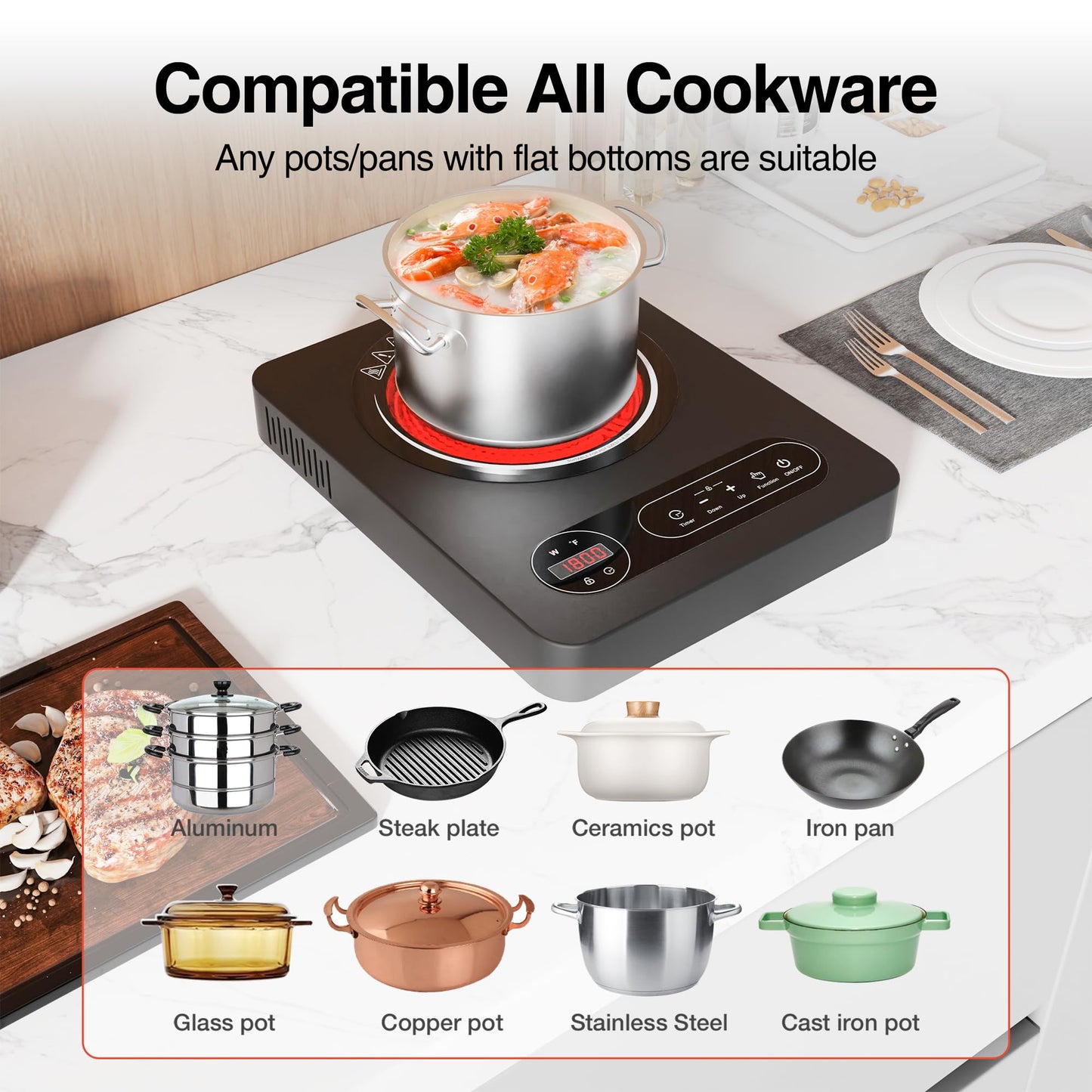 Nafewin Single Burner Electric Cooktop 1800W - 110V Electric Stove Top Burner Portable Stove with LED Touch Control 10 Power Level, Hot Plate with Child Safety Lock, Timer and Overheat protection