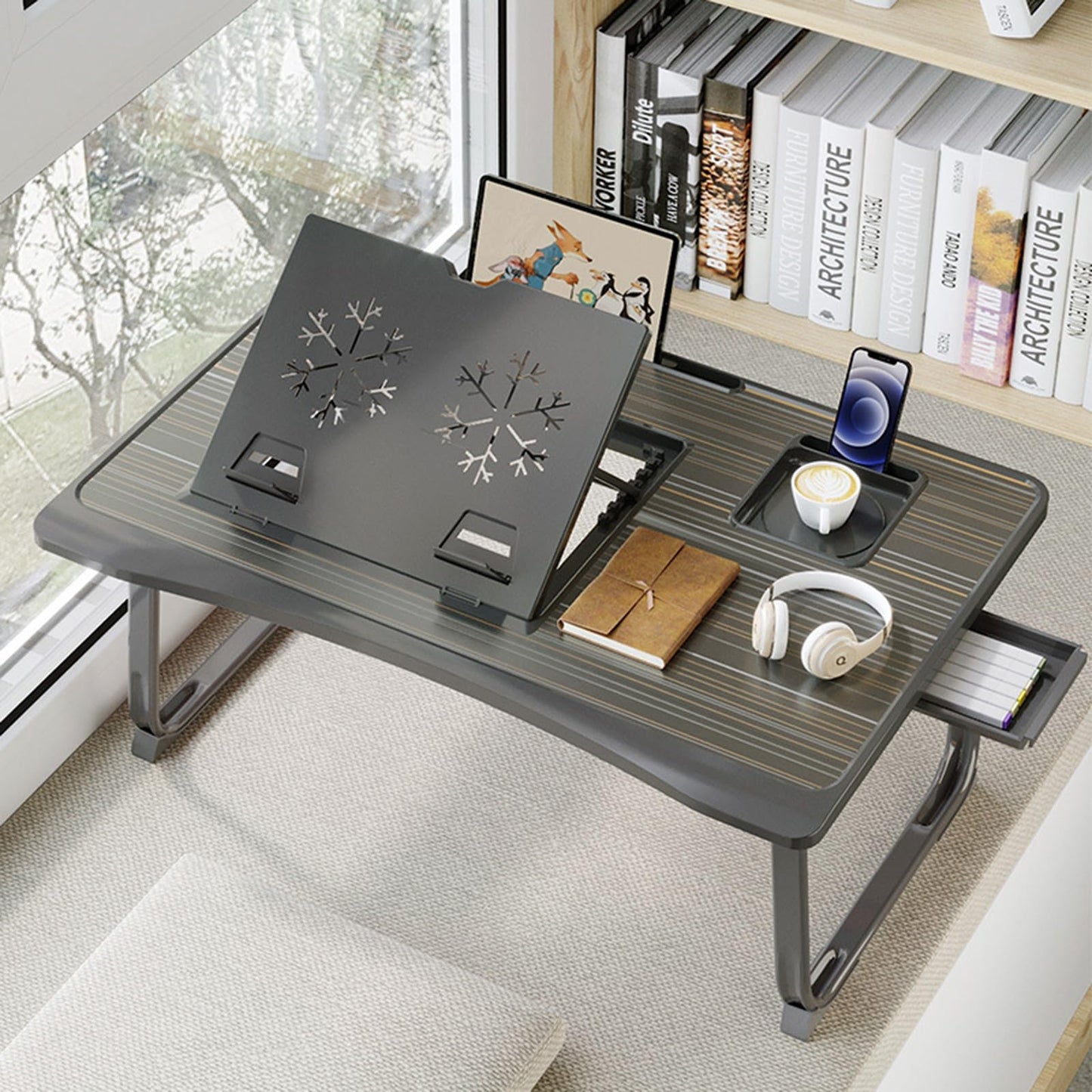 Laptop Desk for Bed, Adjustable Laptops Stand with 6 Different Angles, Portable Lap Tray Table with Storage Drawer and Cup Holder, Laptop Bed Desk Tray for Eating Working Writing Reading (Black)