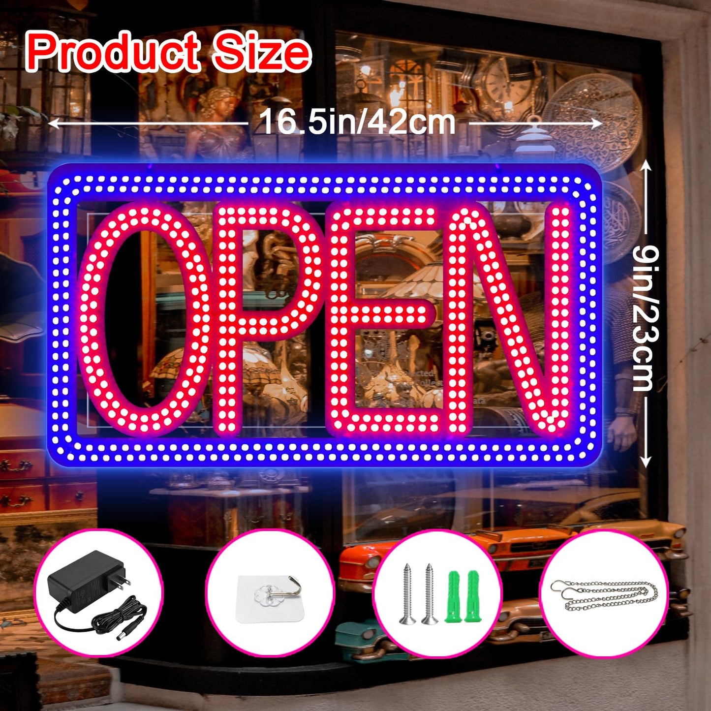 SHZHYIS 16.5"x9" Horizontal LED Open Sign for Business - Ultra Bright & Dimmable Store Sign with 4 Scene Modes, Includes Power Adapter - for Storefront, Coffee Shop, Bar, Salon Window