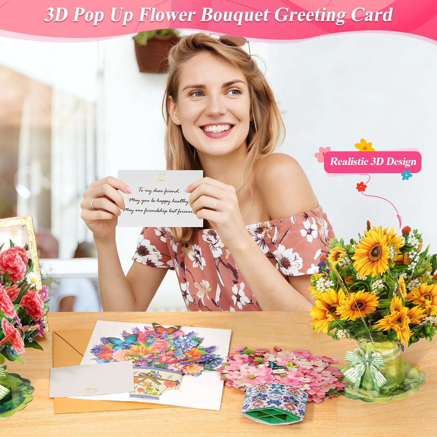 ROADPLUM 10 Pack 3D Pop Up Flower Bouquet Greeting Cards with Envelopes & Message Notes, Paper Flower Cards for Mother's Day, Birthday, Graduation, Anniversary, Congratulations, Get Well Gift