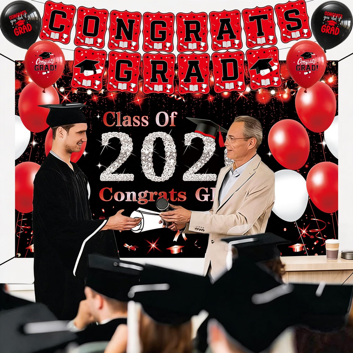 DARUNAXY Black Red Graduation Party Decorations, Red Class of 2026 Graduation Banner, 2026 Congrats Grad Honeycomb Hanging Swirl Confetti Balloon Congratulations Graduates Party Supplies(25PC)
