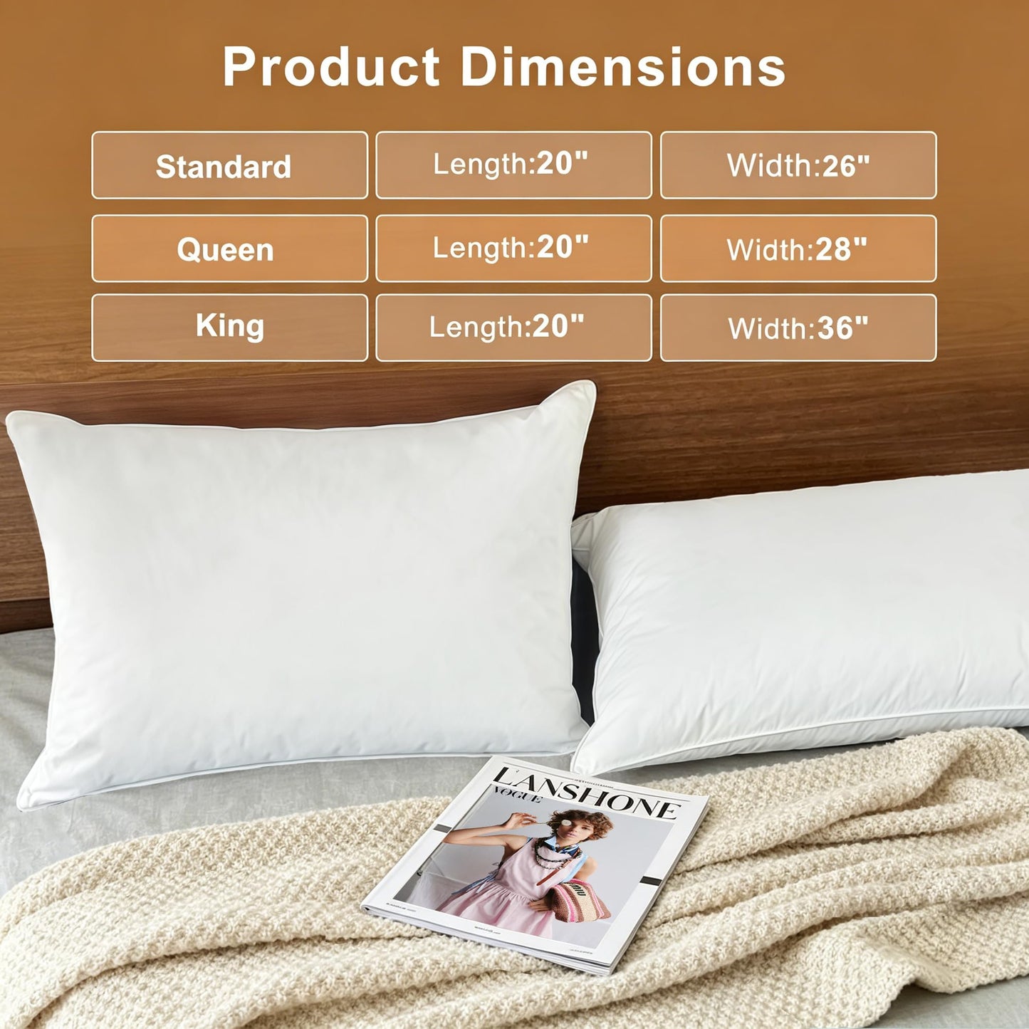 WQSPRING Down Pillows King Size Set of 2-750 Fill Power Hotel Quality Bed Pillows for Sleeping, Medium Firm for Side Back Stomach Sleepers, Breathable Downproof Cover, Oeko-TEX Certified (20” x 36”)