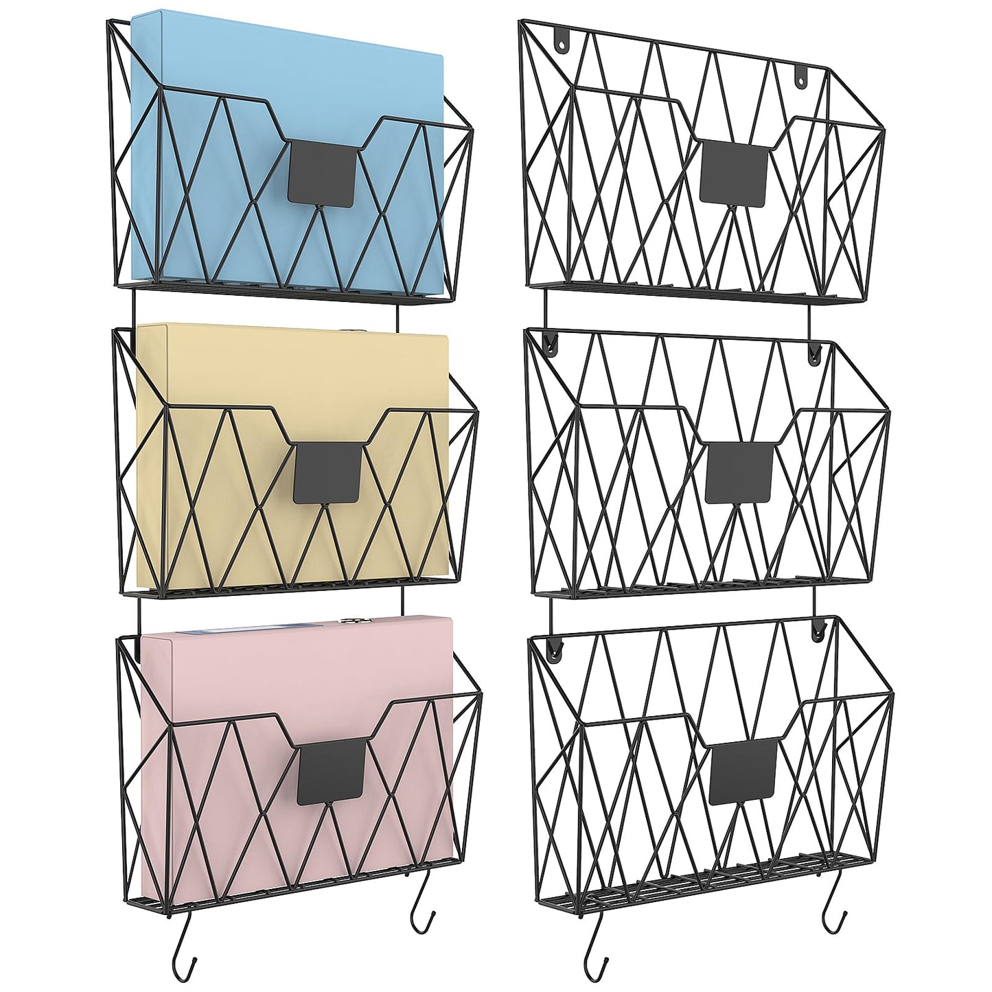YBING Wall File Organizer Mesh Hanging Wall-mount Files Holder 6 Pack Hanging Wire Magazine Rack and Mail Holder with Hooks Office Wall Organizer for Papers Folders Files Clipboard Black