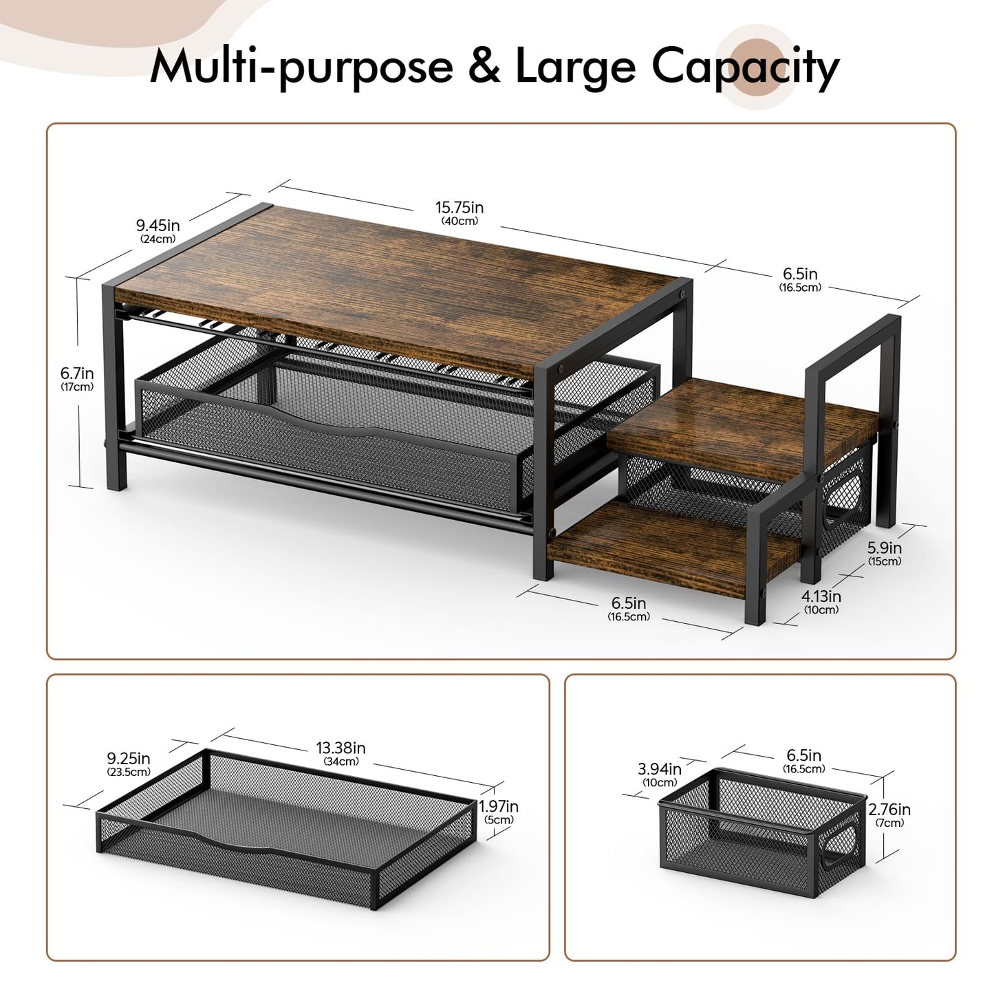 Kssiaz K Cup Holder, 2-Tier Coffee Pod Holder for 48 Pods, K Cup Drawer Organizer with Sliding Storage Drawer, Coffee Bar Station Organizer for Countertop, Space Saving, Home & Office, Brown
