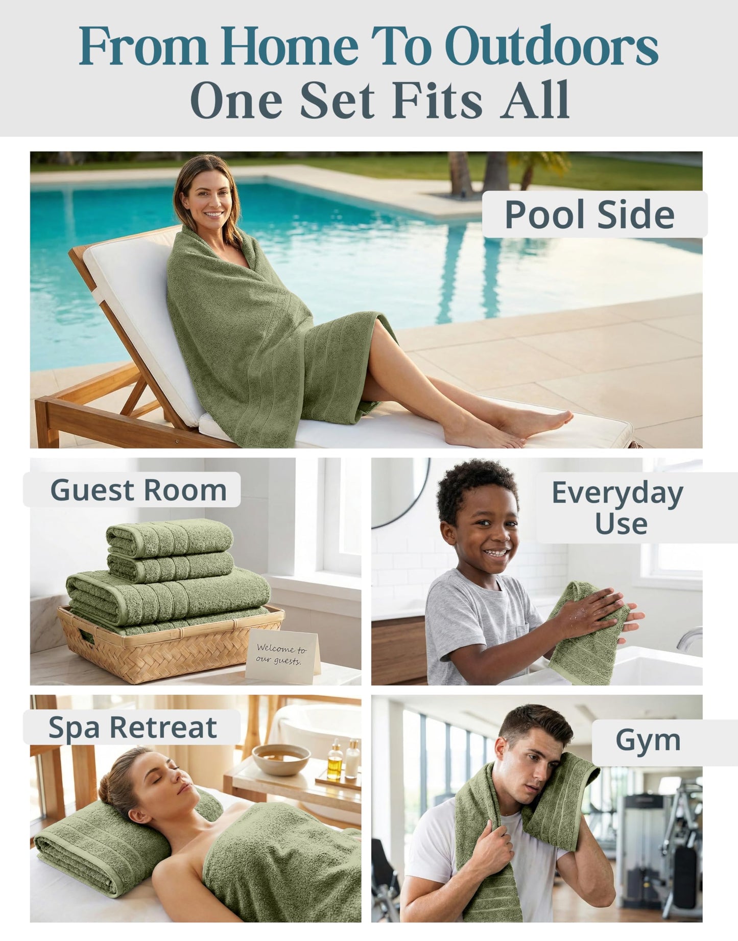 Casa Platino 100% Luxury Bath Towel Pack of 12 - Softer, High Absorbency & Durable - 4 Bath, 4 Wash Cloth, 4 Hand Towels for Bathroom - Premium Look, Spa Quality, Solid Dyed Towels - Oil Green