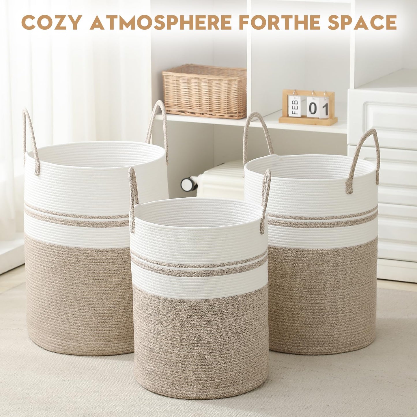Laundry Basket Hamper Tall Rope Storage Woven for Blanket toys Dirty Clothes in Living Room Bathroom Bedroom (Brown&White, 80L/21.3Gal)