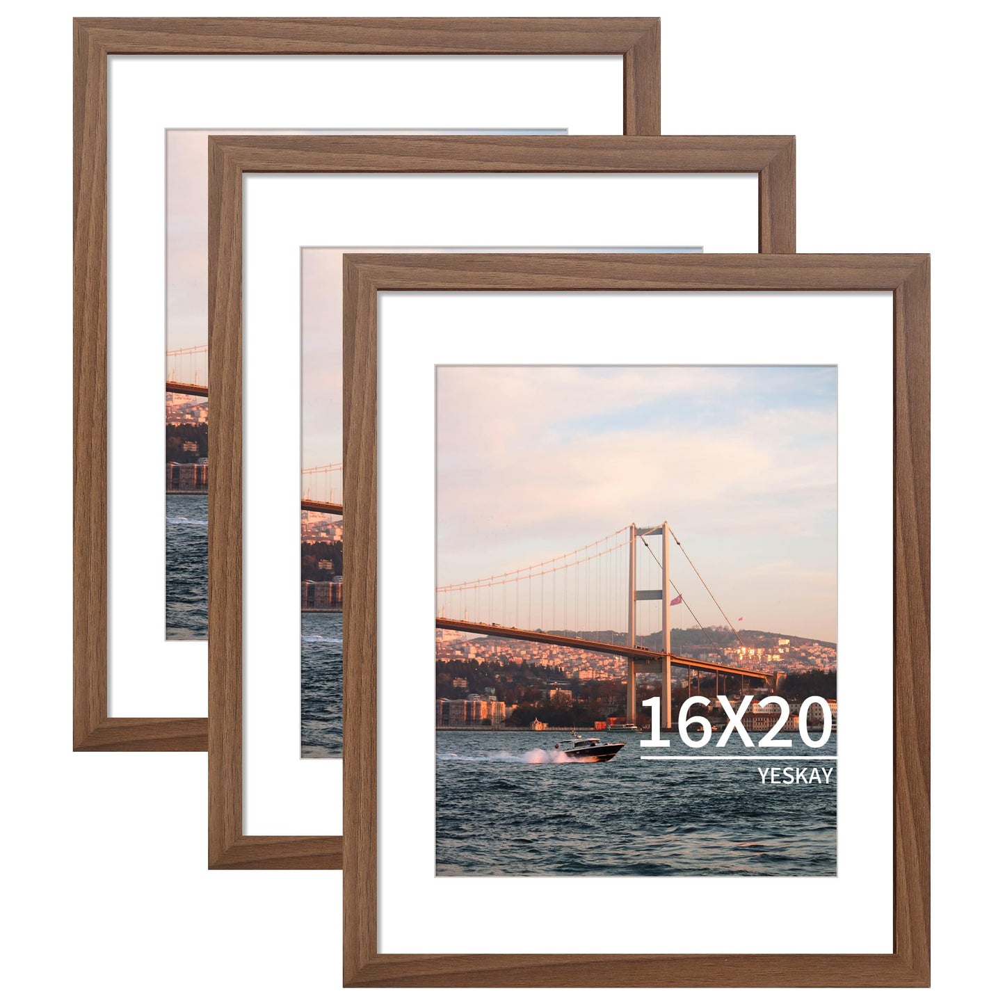 YESKAY 16x20 Picture Frame Brown Set of 3, Display Pictures 11x14 with Mat or 16 x 20 Without Mat, Poster Frames 16x20 for Wall Hanging Horizontal and Vertical