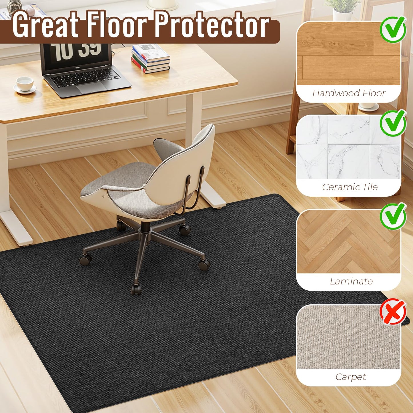 Wansimoo Office Chair Mat for Hardwood and Tile Floor, 48"x60" Floor Mat, Heavy Duty Computer Gaming Chair Mat, Anti-Slip, Non- Curve, Desk Chair Mat,Floor Protector for Home Office(Black)