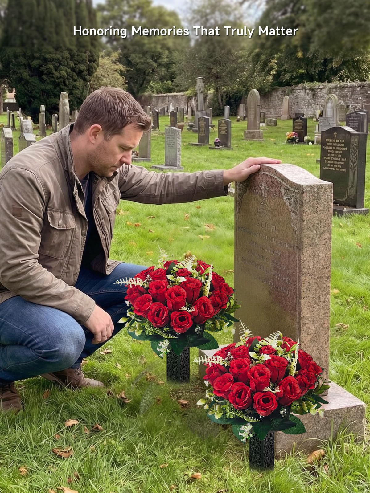 2 Pack Cemetery Flowers for Grave with Spiked Vases, 18-Stem Red Artificial Rose Bouquets with Flag, Non-Bleeding & Wind-Resistant All-Weather Memorial Decorations for Headstones