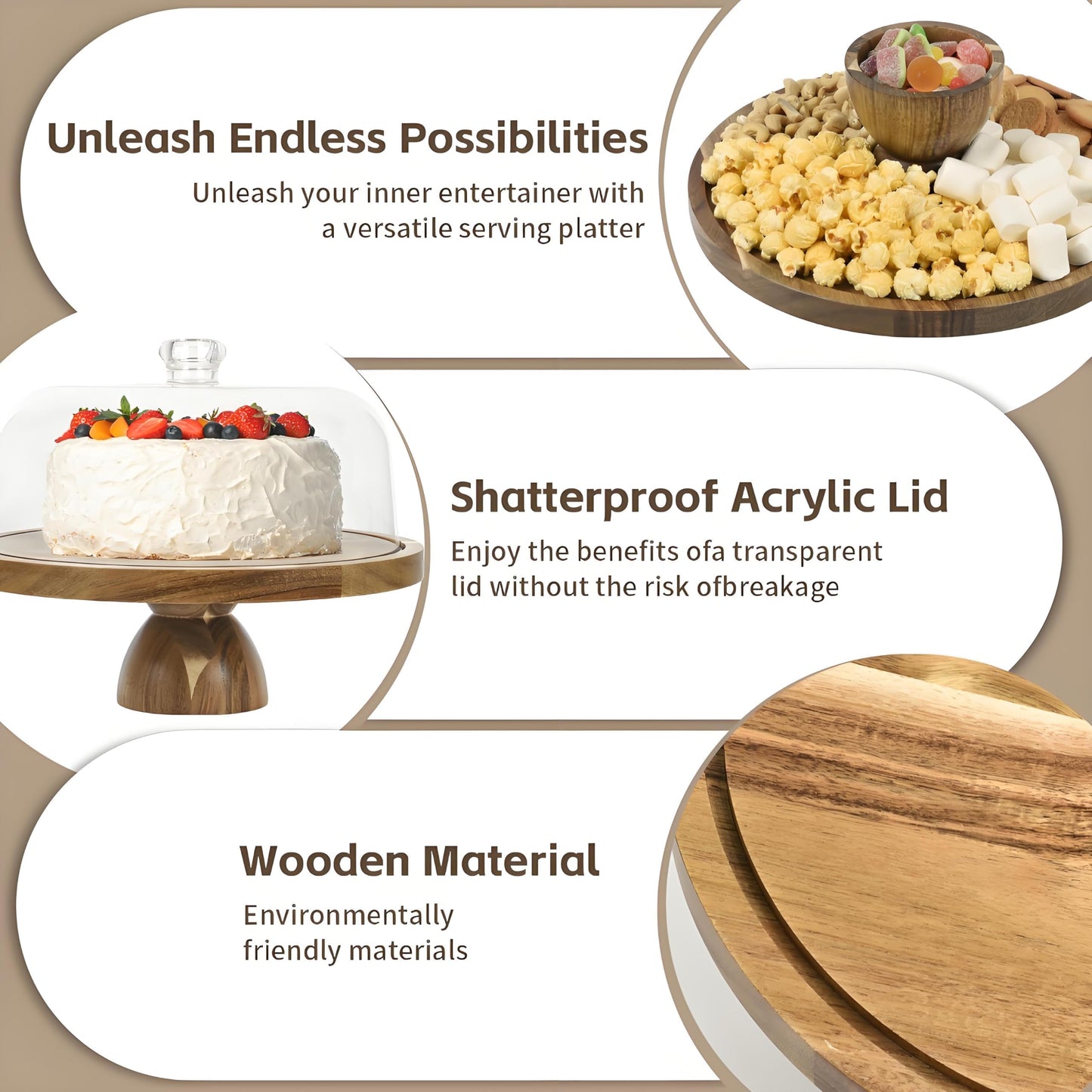 JOCHER Acacia Wood Cake Stand with Lid, 12in Cake Stand with Acrylic Dome (Not Glass), 2-In-1 Cake Display Stand for Charcuterie Board, Chips & Dips, Fruit Platter, Wedding, Birthday, Parties