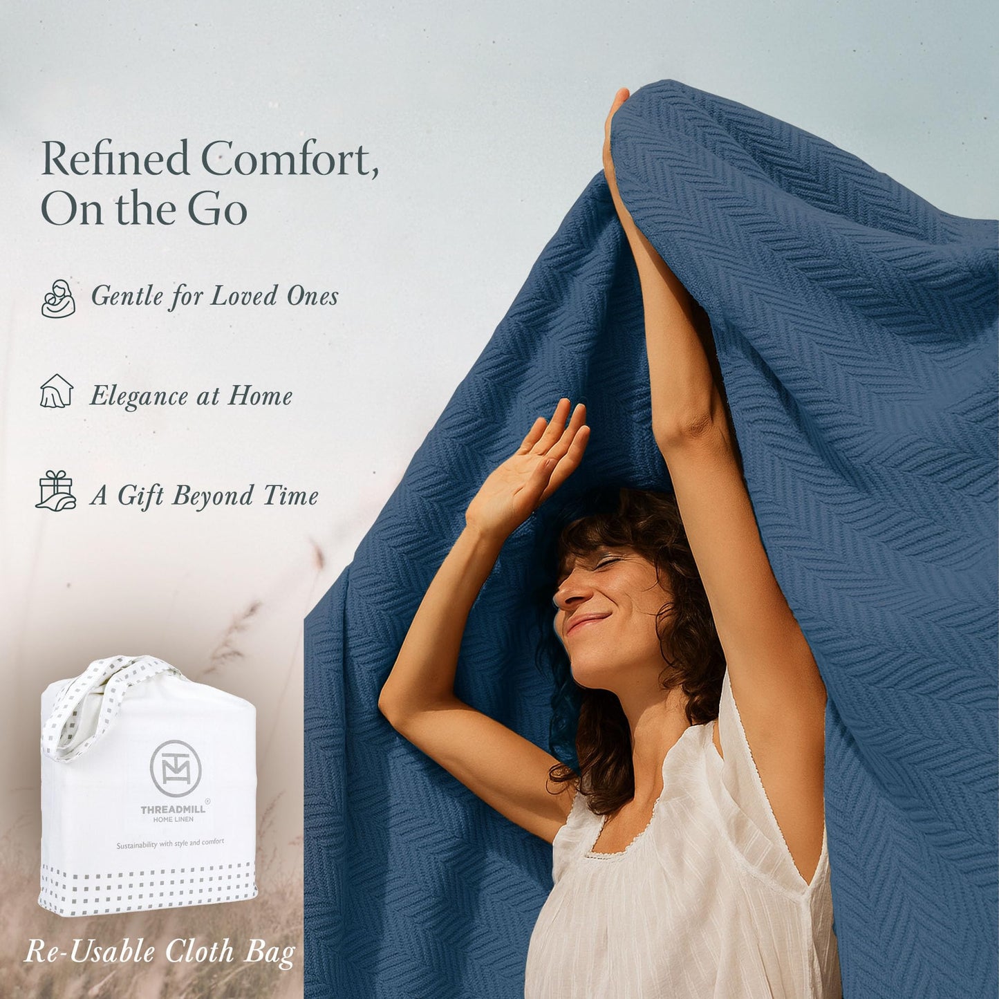 Threadmill Luxury Cotton Blankets for Twin Size Bed | All-Season 100% Cotton Twin Blanket for Bed | Herringbone Soft & Cozy Fall Thermal Blanket, 350GSM, 68x92 inches | Folkstone Blue