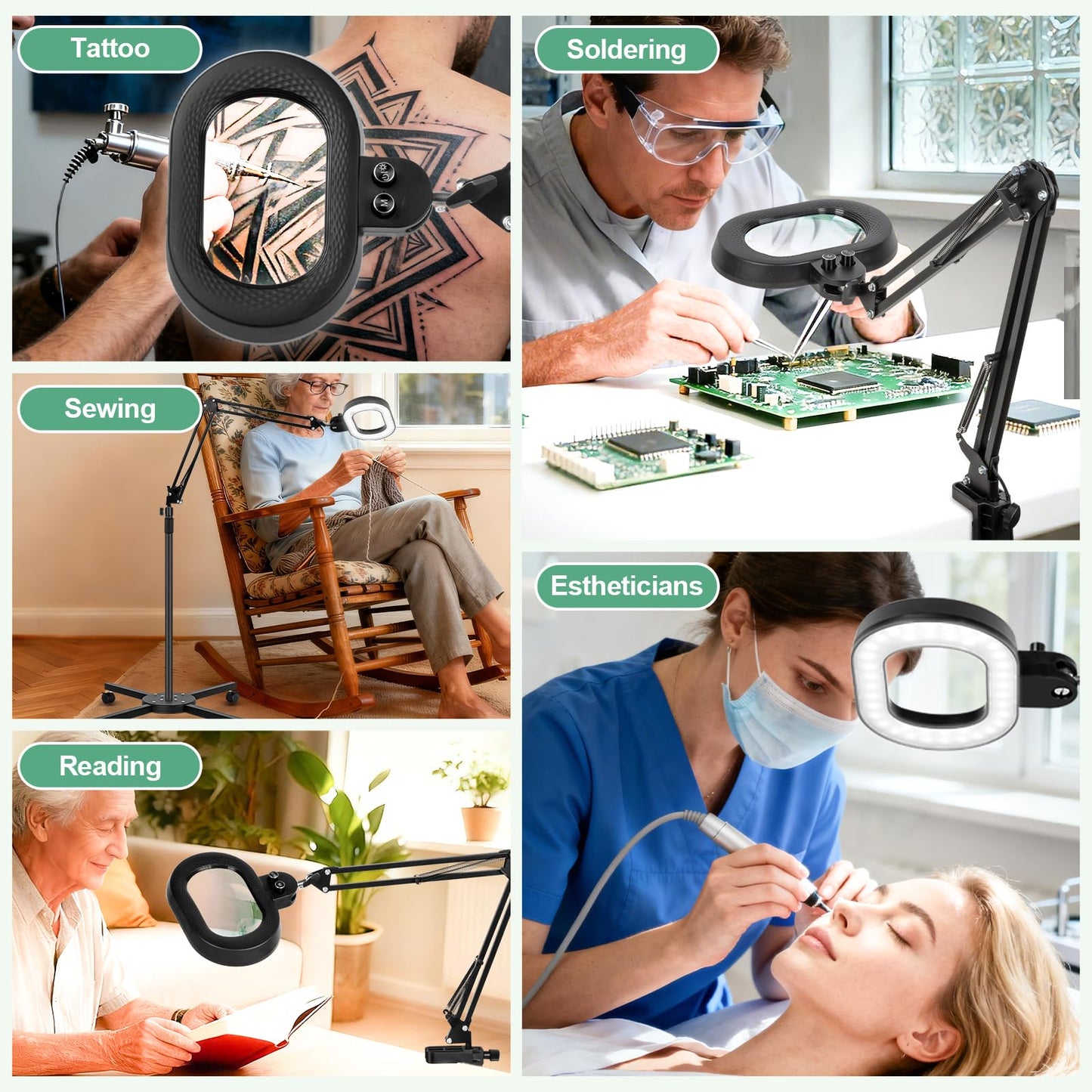 KMDES 12X Magnifying Floor Lamp, 2 in 1 Lighted Magnifier Glass with Light for Workbench, Craft, Sewing, Esthetician, Reading, 3 Axis Rotation Infinite Color Dimmable, 4 Wheel Stable Stand Base Black