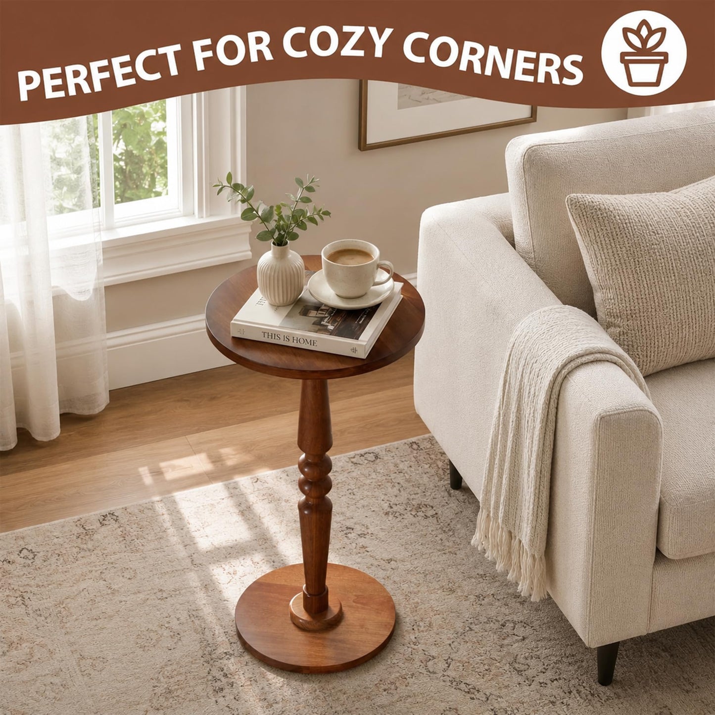 promitop Small Wooden Round Side Table - Accent Nightstand Pedestal Table for Living Room, Bedroom - Compact Coffee Table, Tea Table, Drink Table, End Table for Small Spaces, Corners, Office