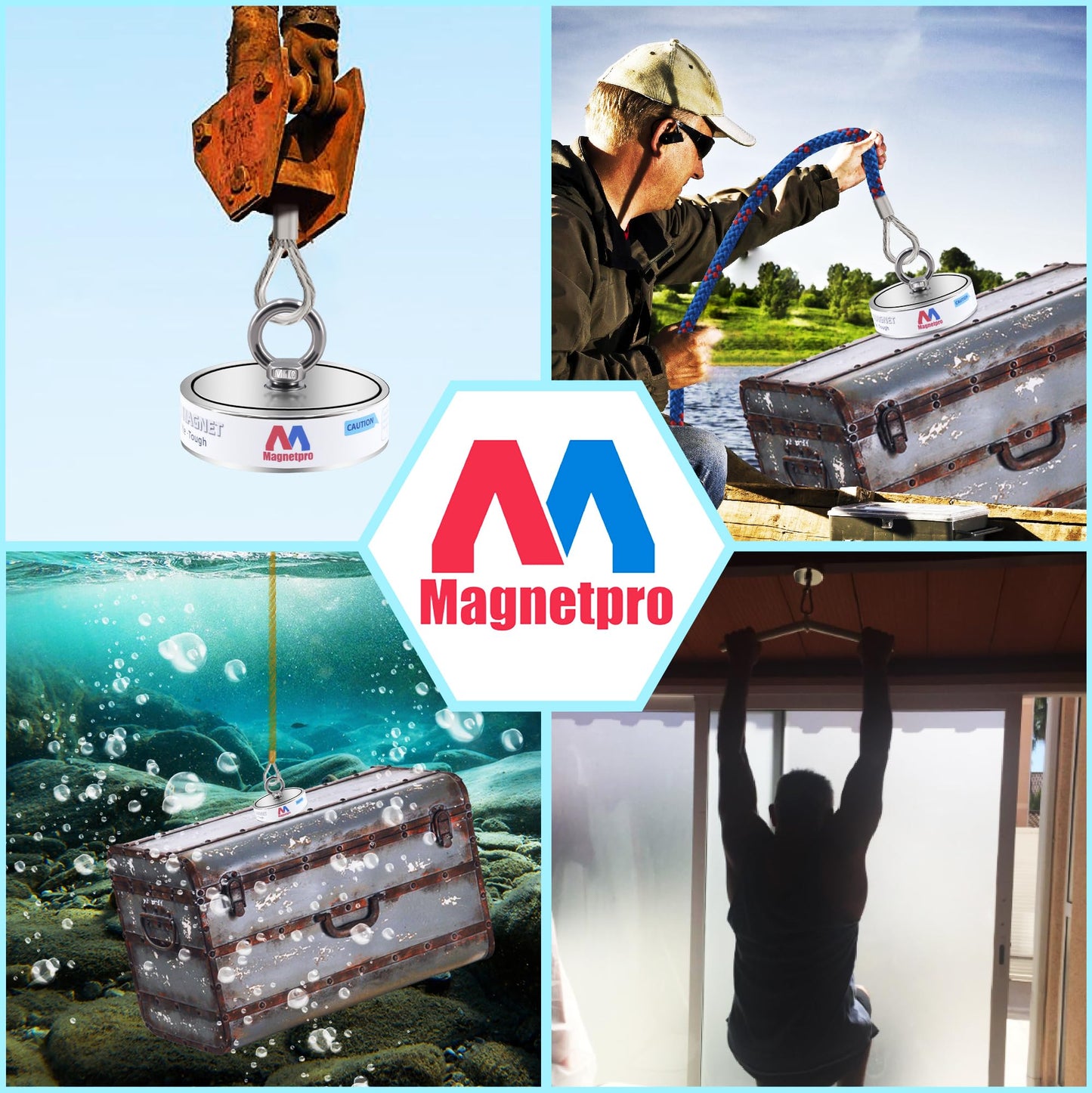 Magnetpro 2690LB’s Complete Retrieving Magnet Fishing Kit | Double Sided Fishing Magnet Kit | Includes Strong Neodymium Magnets, Durable 65ft Rope, Carabiner, Gloves, Grappling Hook & Carry Case