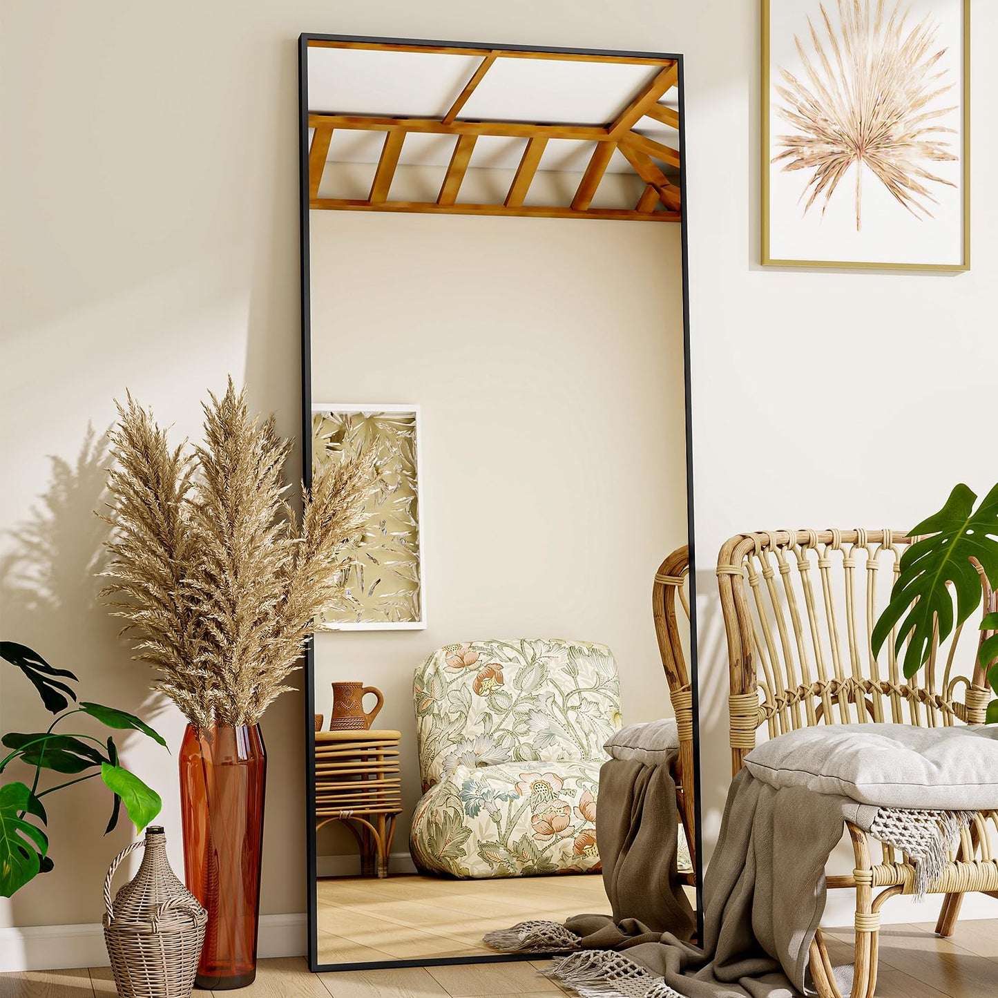 VooBang Mirror Full Length - 21" x 57" Floor Mirror with Stand, Aluminum Alloy Frame Full Body Mirror, Standing Hanging or Leaning Against Wall for Bedroom and Living Room, Black
