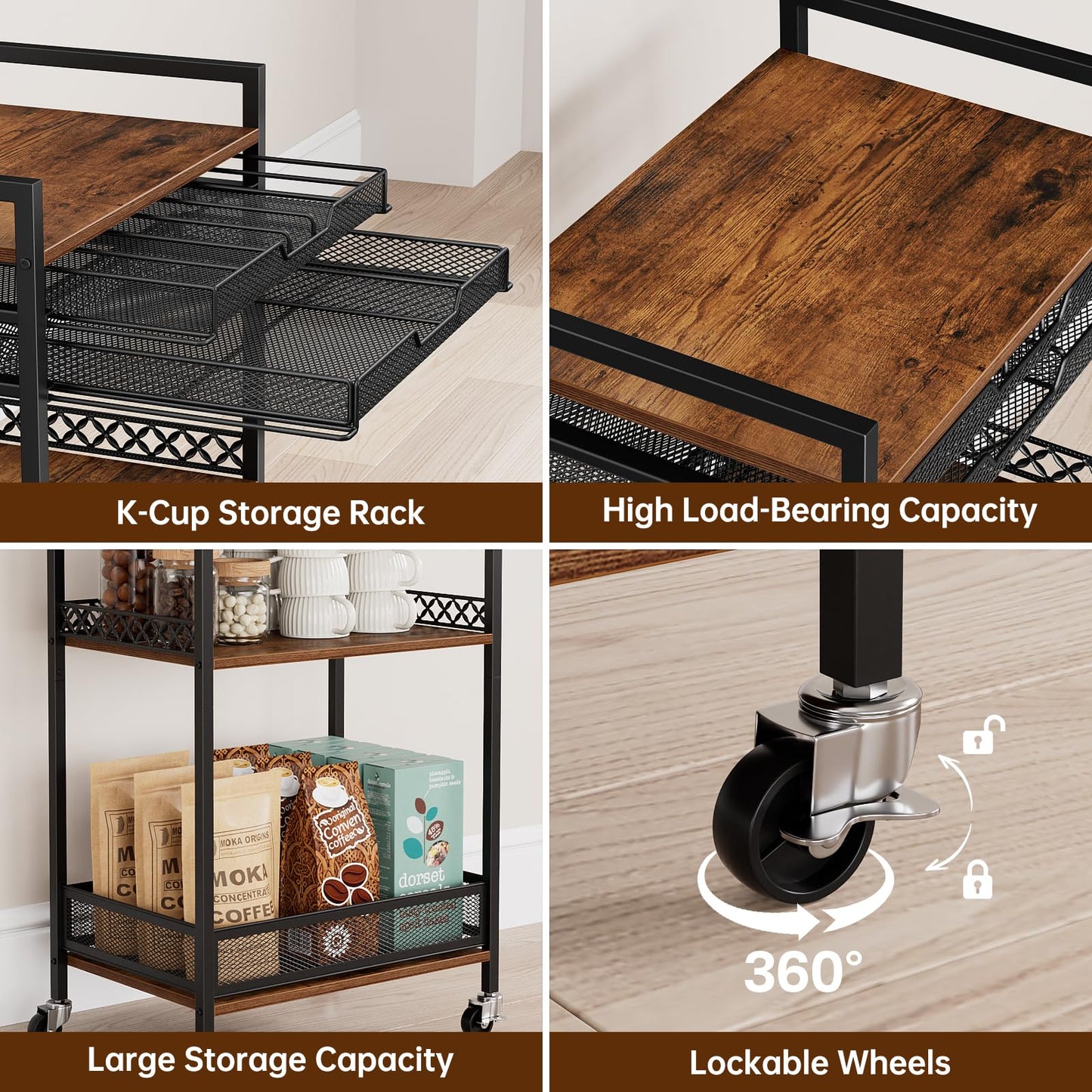 Plaviya K Cup Holder Coffee Cart, 5 Tier Coffee Station Organizer with Wheels, Coffee Pod Holder Coffee Bar Organizer Accessories, Multi-Functional Cart for Living Room, Kitchen, Breakfast Nook