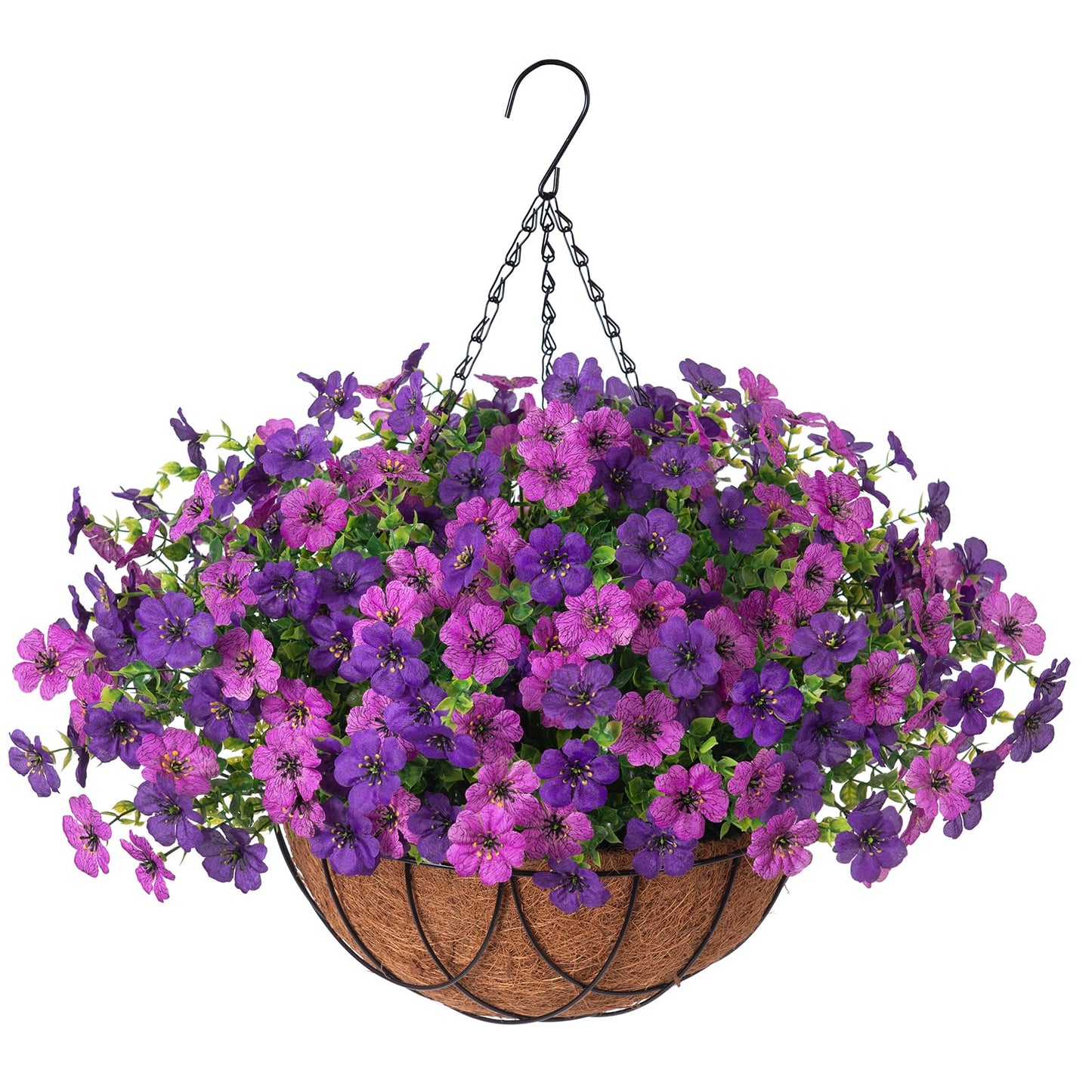 Artificial Silk Flowers Hanging Baskets Outdoors Indoors, Daisy with Eucalyptus Leaves Arrangement for Garden Yard Spring Summer Decor Faux Green Plant Metal Coconut Lining (Dark Purple Purple)