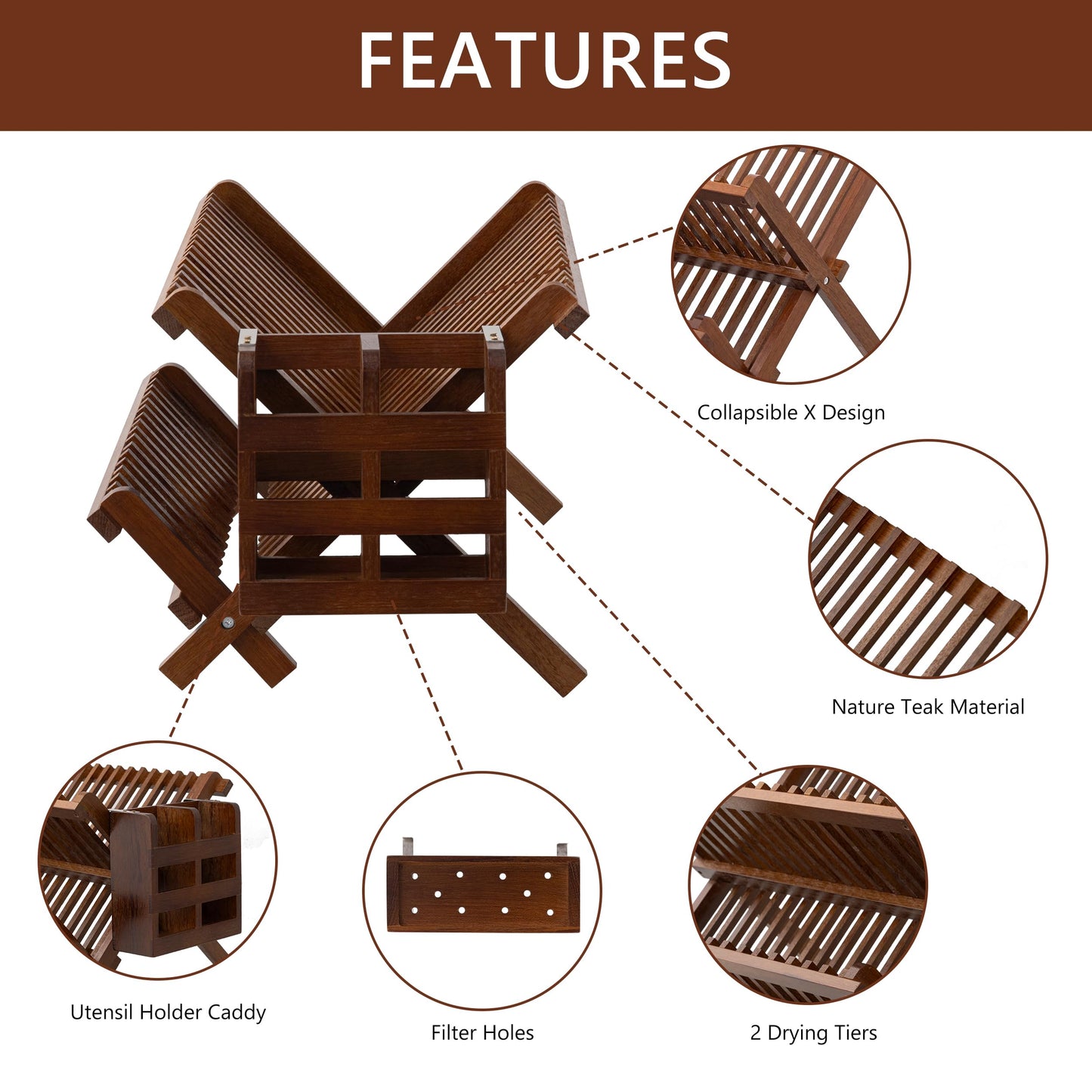 HBlife Dish Rack,Teak Folding 2-Tier Collapsible Drainer Dish Drying Rack with Utensils Flatware Holder Set (Dish Rack with Utensil Holder)