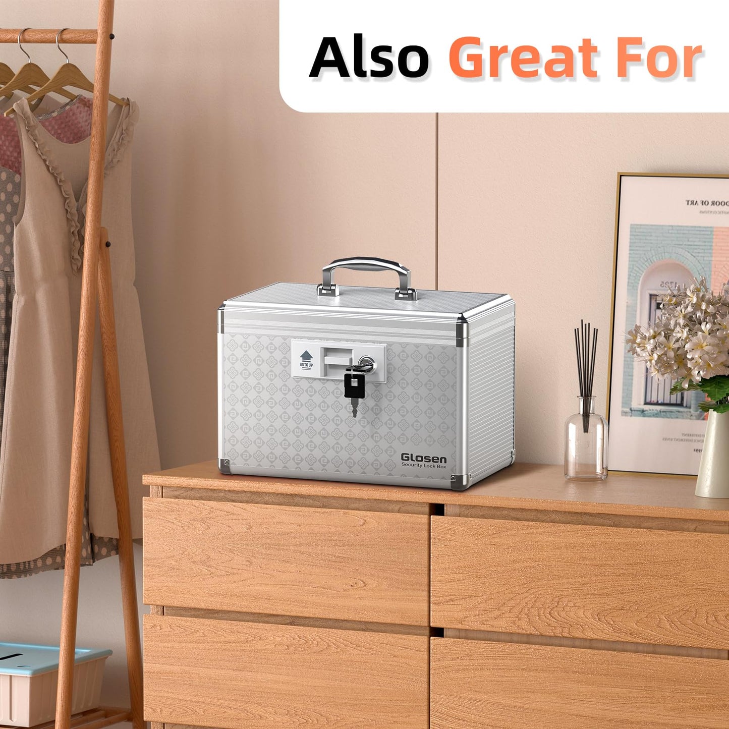 Glosen Medicine Lock Box Storage Lock Box Grey 12 X 7.68 X 7.87 Inch 【Medium】 Lockable Dorm Storage Trunk with Key Lock - Briefcase, Lock Boxes for Personal Items