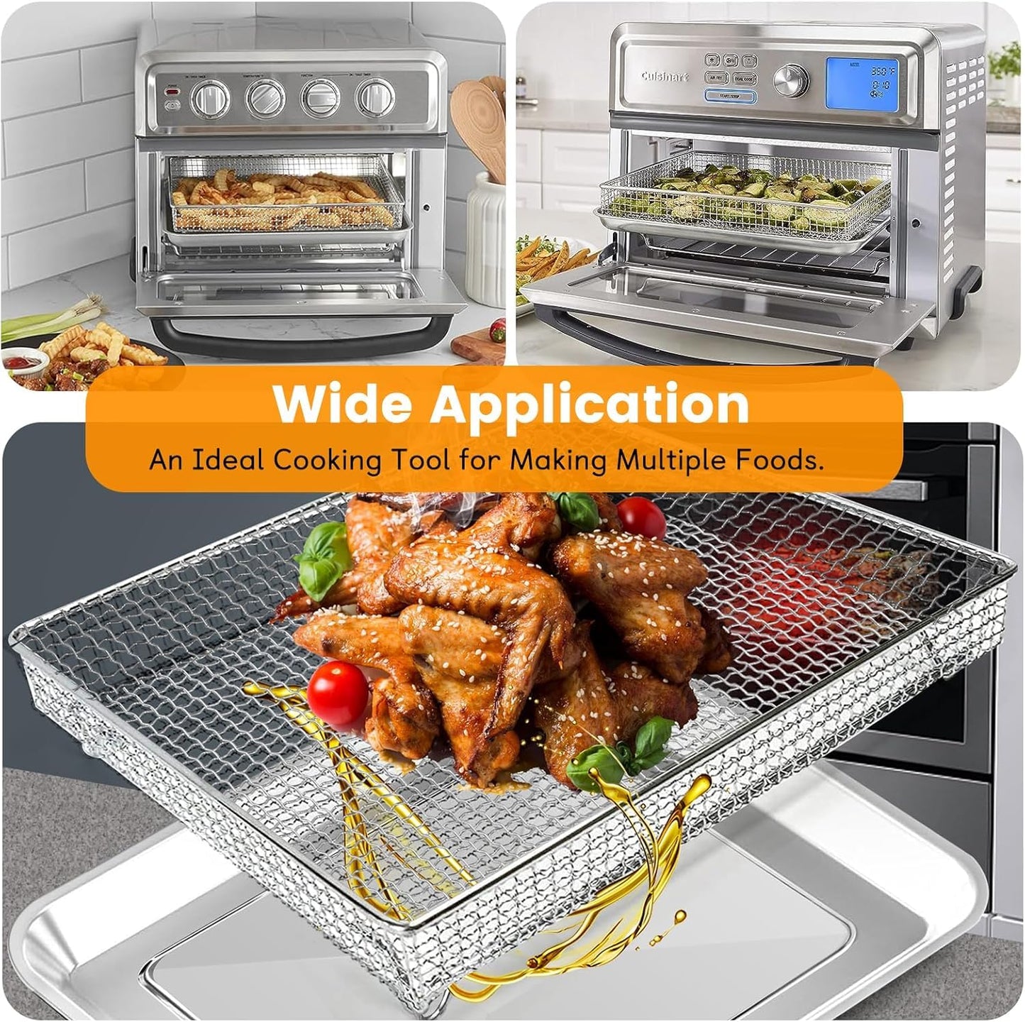 Air Fryer Basket Tray Replacement 2Pack for Cuisinart TOA-60 TOA-65 TOA-70, 2pcs 12.4 * 11'' Mesh Steel Basket Wire Rack Accessories, Dishwasher Safe