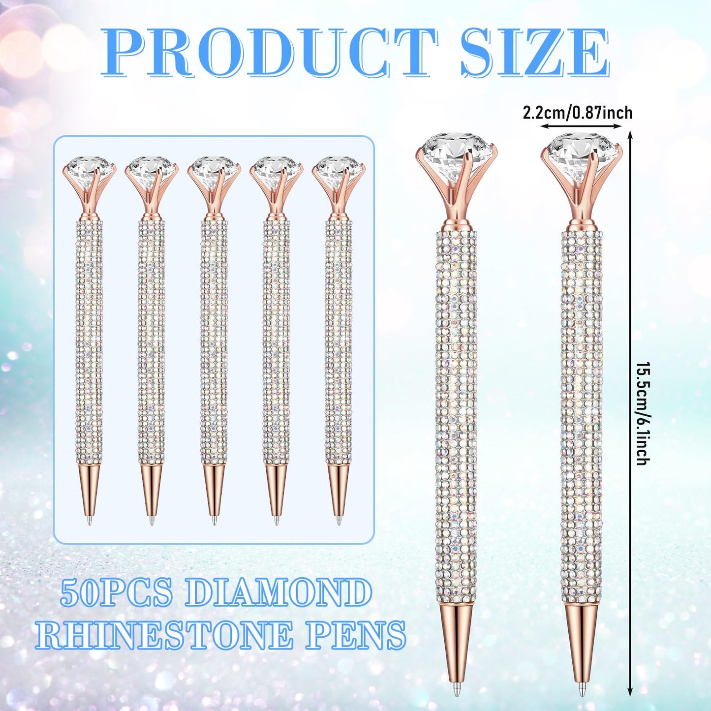 Honoson 50 Pcs Big Diamond Pens Bulk Bling Rhinestone Pens with Crystal Christmas Glitter Retractable Black Ink Ballpoint Pens for Bridal Shower Gifts School Office Birthday Party Favor(AB Color)