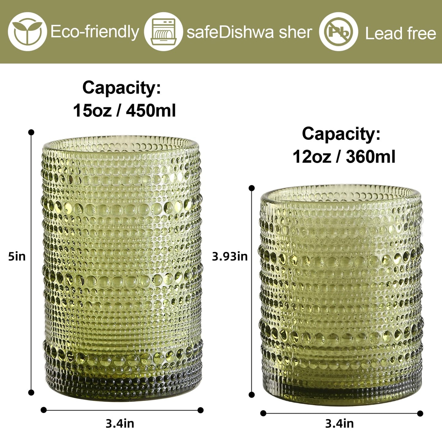ZMOWIPDL Vintage Hobnail Drinking Glasses Set of 8,Green 12 oz & 15oz Highball Glass Cups, Kitchen Drinkware Glassware,Embossed Water Tumbler,for Beer,Cocktail,Whiskey,Juice and Various Mixed Drinks