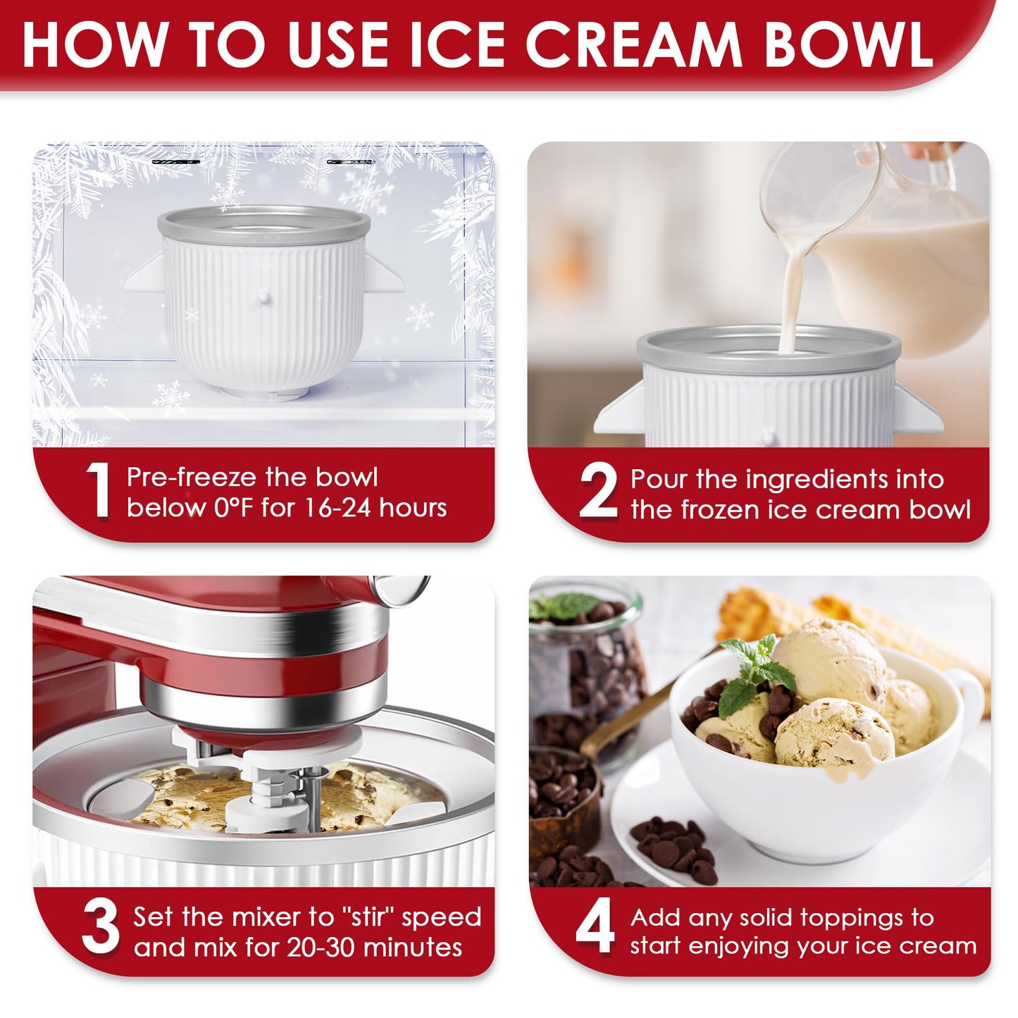 Ice Cream Maker Attachment for KitchenAid Mixers, Fits KitchenAid 4.5/5QT & 6QT Stand Mixers, Frozen Ice Cream & Sorbet Gelato Maker for KitchenAid, 2 Quart, White(Machine/Mixer Not Included)